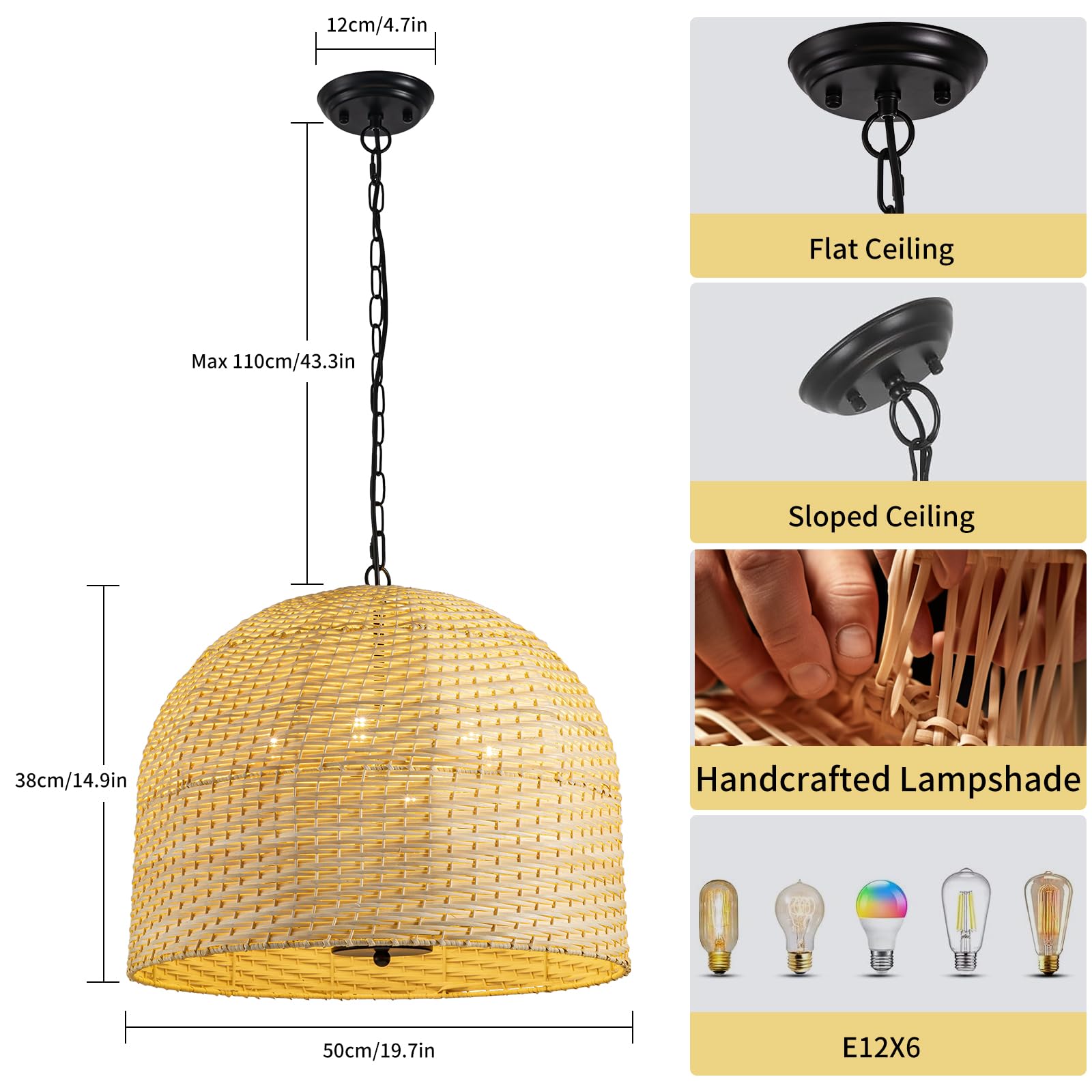 Hgrtaegs 6-Lights Farmhouse Rattan Pendant Light, Hand-Woven Large Round Boho Chandelier Light Fixture, Wicker Bamboo Basket Pendant Hanging for Dining Room Living Room, 20 in.