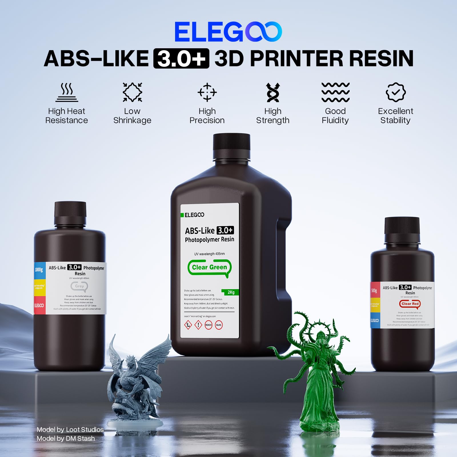 ELEGOO ABS-Like Resin 3.0 Plus, Ulepszona Żywica Fotopolimerowa do Drukarek 3D, Wyższa Odporność Na Ciepło, Szybkie Utwardzanie, Wysoka Precyzja, Niełamliwość, 1000g Szary