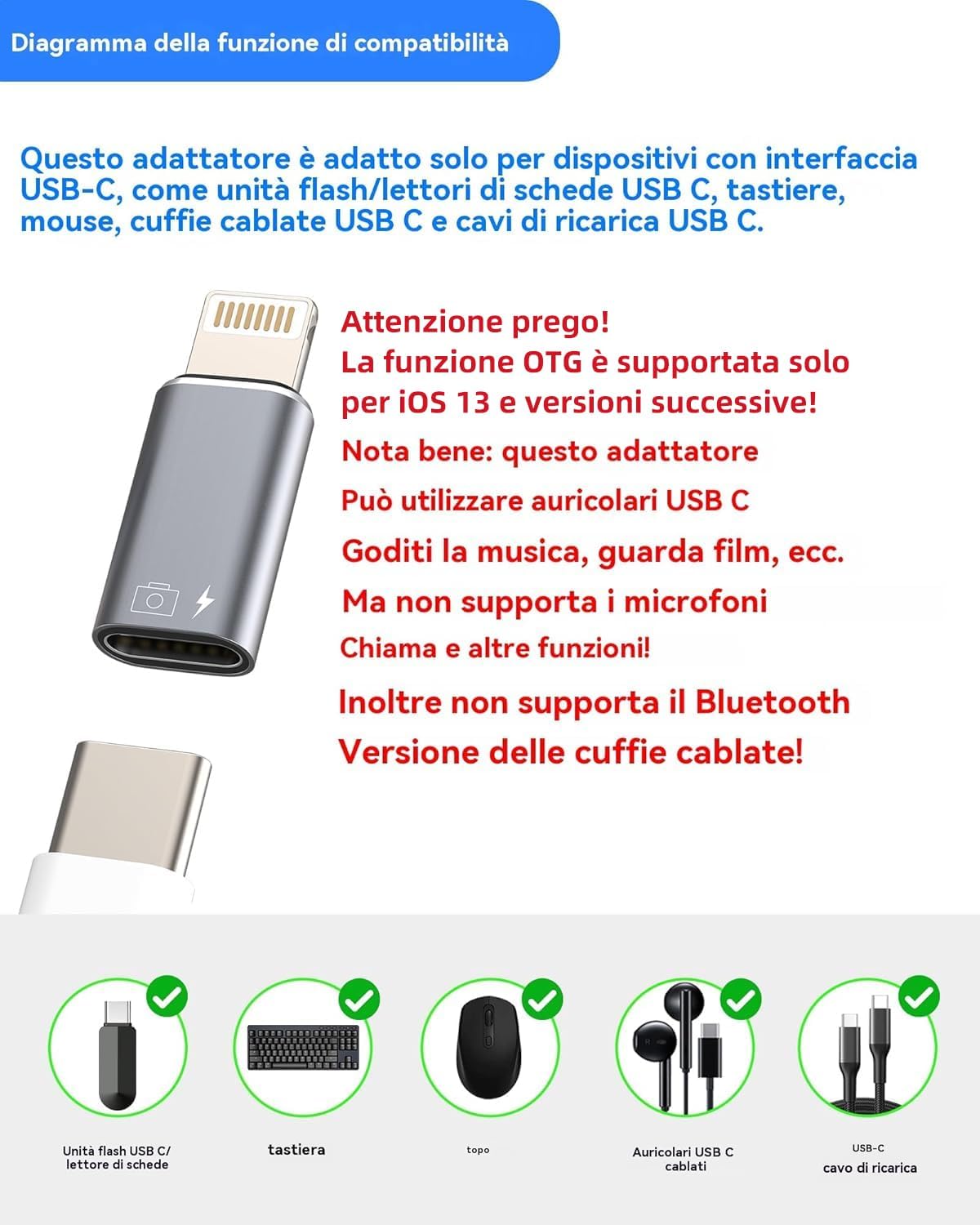 Adapter USB C Femmina a Lightning Maschio 2pack per iPhone 14 Pro Max iPad MFi Certified Carica Dati Aux Audio