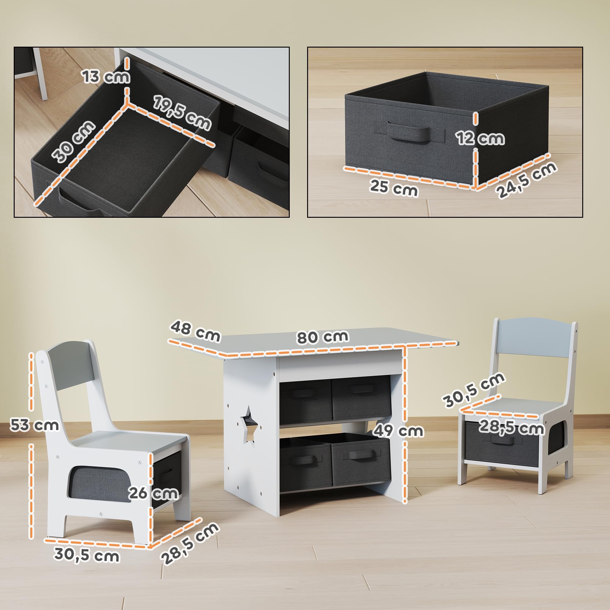 AIYAPLAY Table Enfant avec Chaise, Ensemble Table et 2 chaises Enfant pour Dessiner, Jouer, étudier avec 6 tiroirs Amovibles, pour Fille garçon 3-8 Ans, Gris Clair