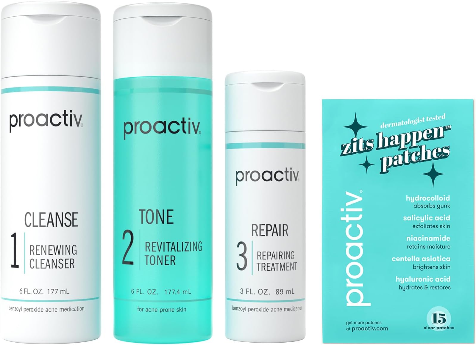 - Proactiv 3 Step Acne Treatment w/ Pimple Patches - Benzoyl Peroxide Face Wash, Repairing Acne Spot Treatment for Face and Body, Exfoliating Toner - 90 Day Complete Acne Skin Care Kit + Pimple Patches