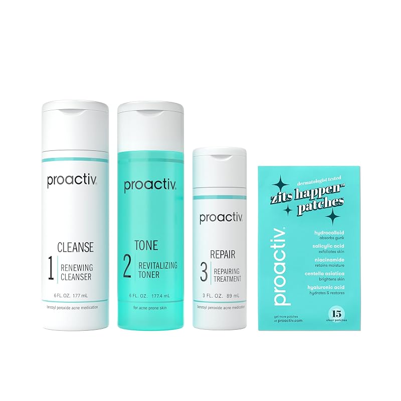 Kit de cuidados faciais Proactiv Solution com rotina em 3 etapas e adesivos, Pacote com 1