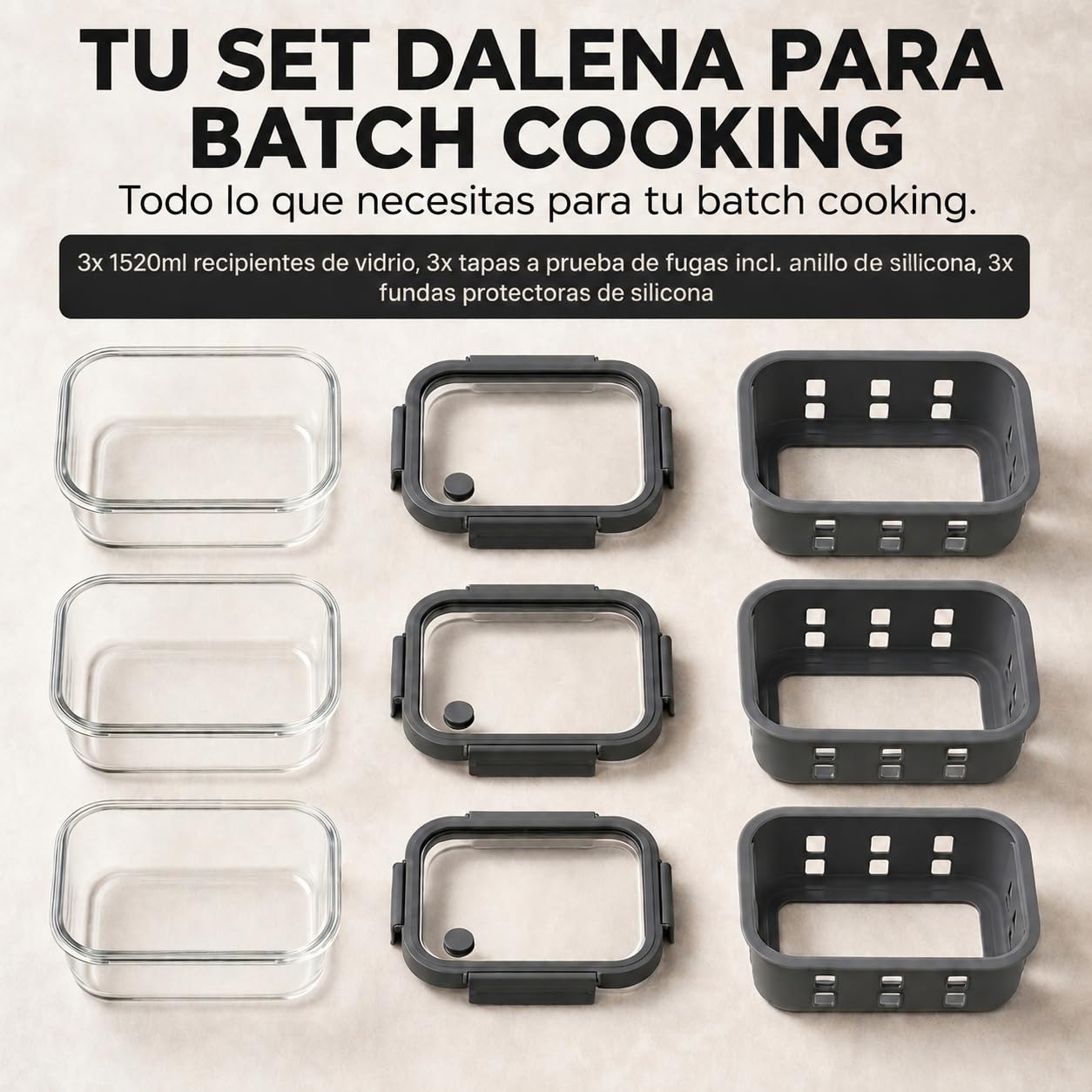 Fiambreras de Cristal Borosilicato – Set Meal Prep 3x1520 Mililitros, Recipientes Herméticos Apilables, Aptos para Microondas con Válvula de Vapor, Funda Silicona Anti-Impacto