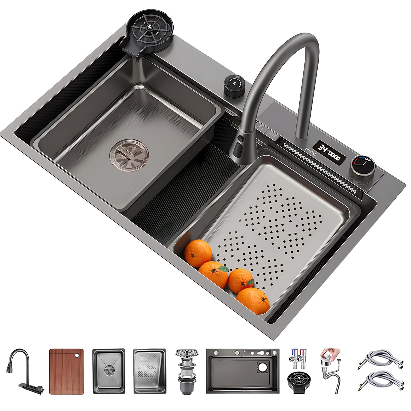 CZYWKDDPP Multi-Functional Stainless Steel - Top Mount Single Bowl Waterfall Nano-coated With 3-in-1 Pull-Out Faucet, Deep Basin Cutting Board, Cup Washer(75x45cm)