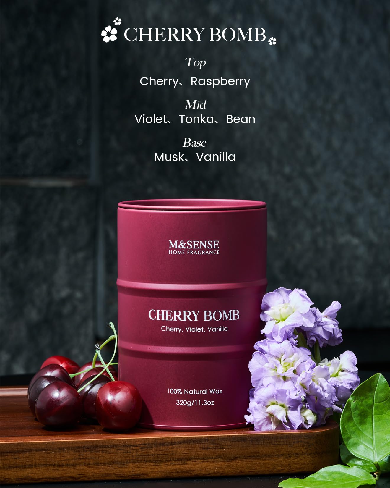 M&SENSE Candele profumate alla ciliegia, candele dolci per la casa, candele naturali in cera di soia, candele da regalare alle donne, 70 ore di combustione, 11,3 oz