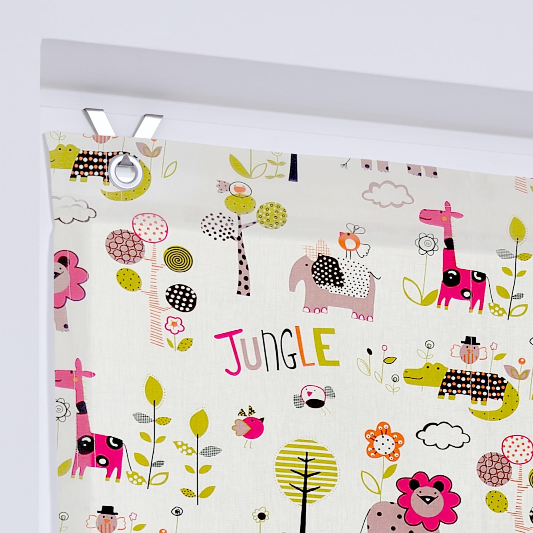 Buntes Ösenrollo Safari, Kinderraffrollo mit Tiermotiv, lichtfilternd und Blickdicht in der Größe 80 x 130 cm