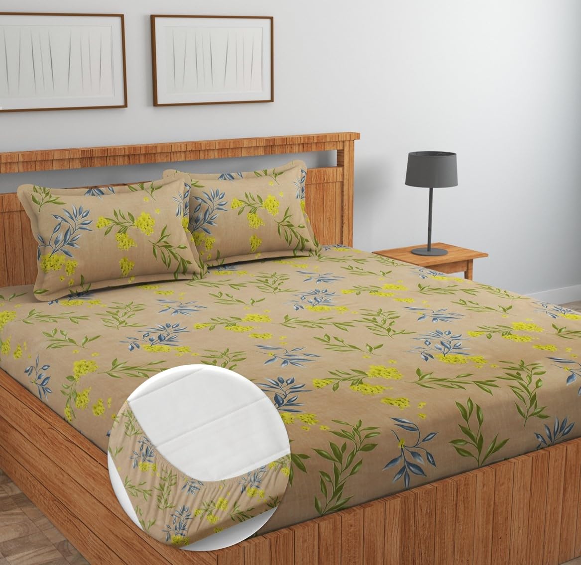 NEW LEAF Pure Cotton Full Elastic Fitted Bedsheets for Double King Size Bed with 2 Pillow Covers 220 TC Supersoft |Wrinkel Free Bed Cover Size - 72x78+10 inches, Mustarded
