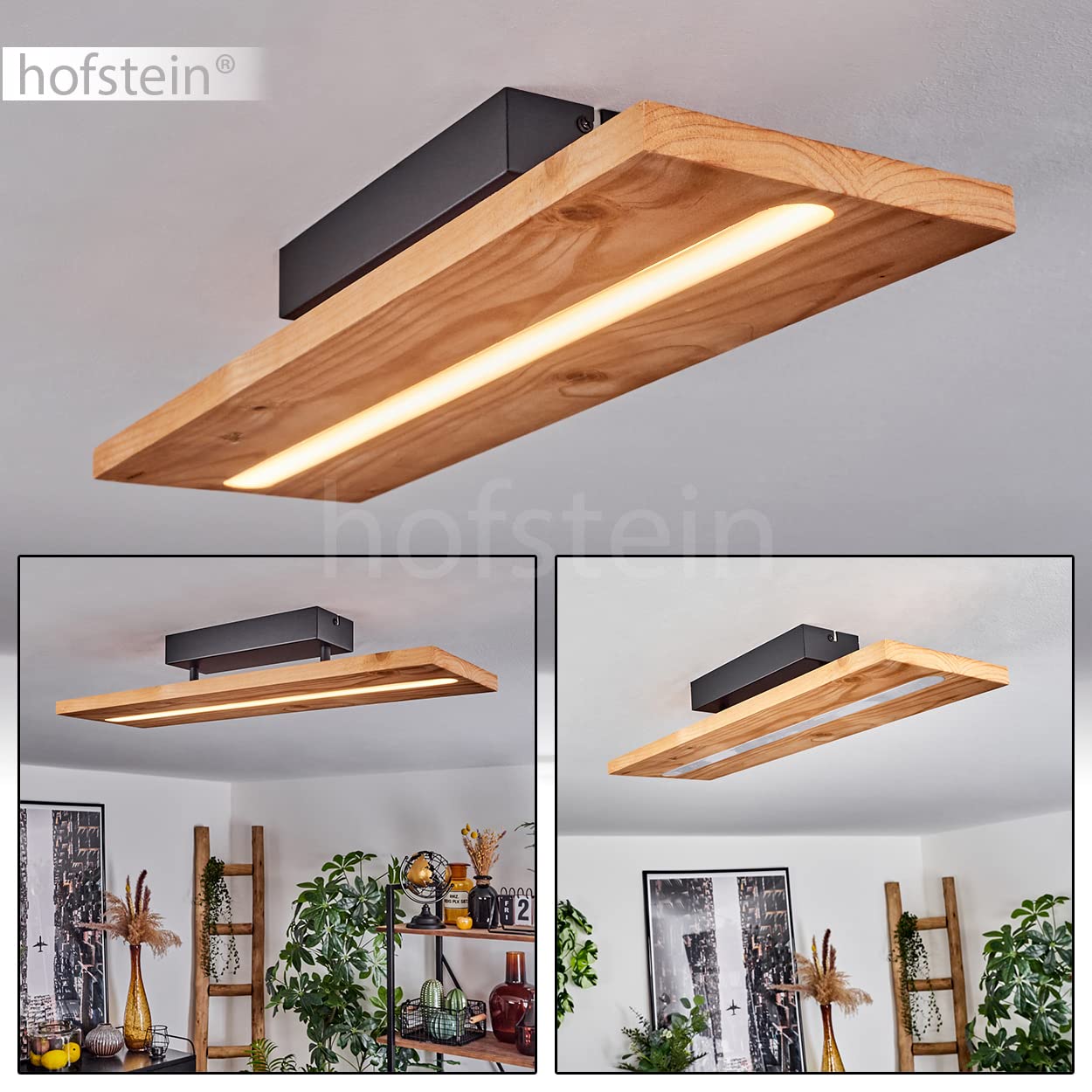 hofstein Lámpara de techo LED Adak, lámpara de techo regulable de metal/madera/plástico en negro/naturaleza/blanco, Lámpara con pantalla de madera, LED 15,5 vatios, 1750 lumen, 3000 K