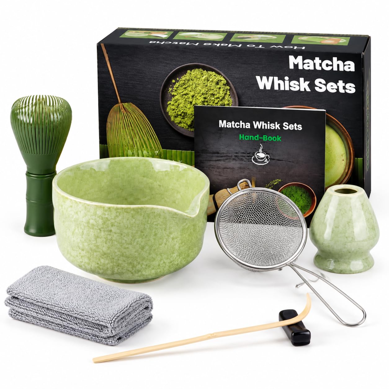 7 Piece Matcha Set, Japanese Tea Sets, with Obtuse Tip Thread Bowl, Matcha Green Whisk, Plastic Matcha Brush, Shovel, Strainer, Shovel Rest & Absorbent Towel - Matcha Green