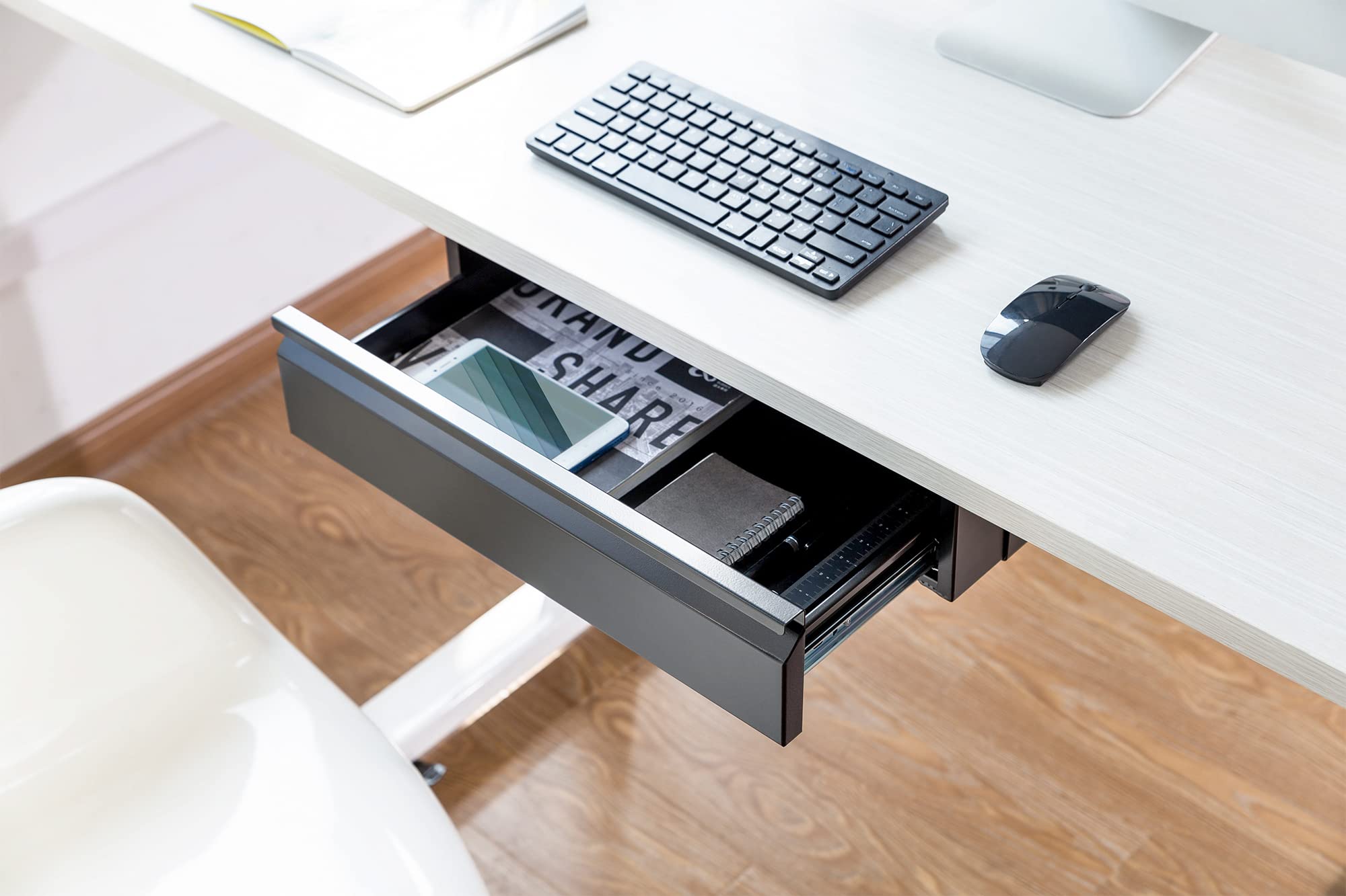 DIGITUS Unterbau-Schublade – Ausziehbar – Leichtgängig – 48 cm tief – 5 kg Traglast – Zur Montage unter Schreibtisch, Werkbank oder Arbeitsplatte – Schwarz