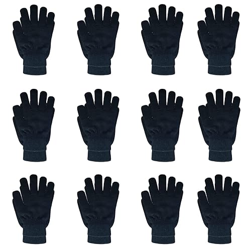 DALEDWN 12 Pairs Black Winter Magic Gloves Unisex Adult Stretchy Warm Gloves Knit Full Fingers Gloves for Teens Men Women