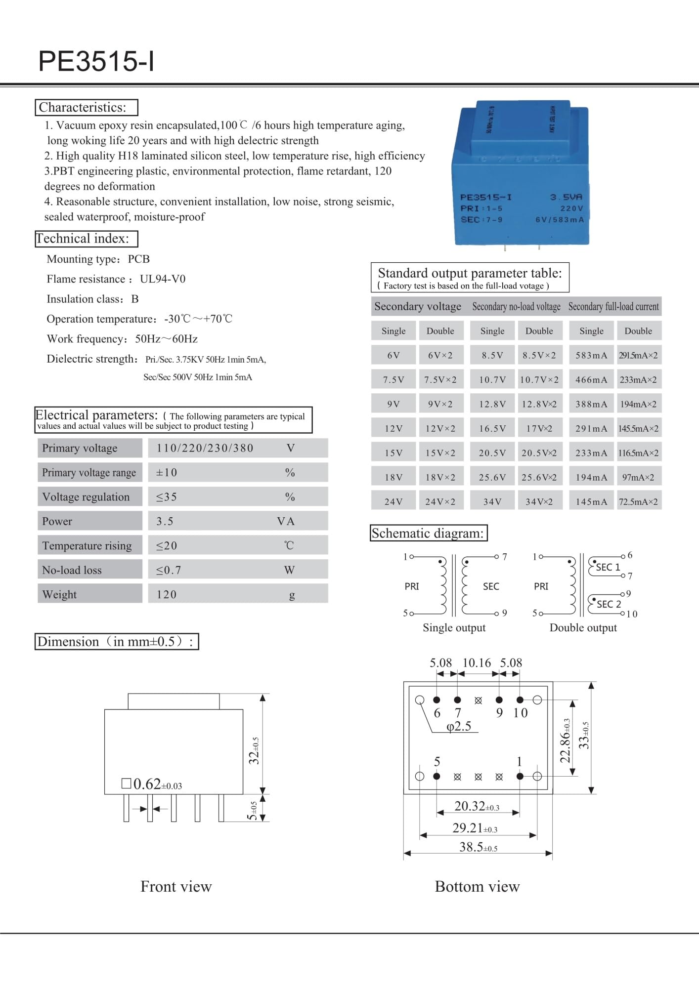 Transformador de aislamiento encapsulado PE3515-I for soldadura de PCB (1 unidad)(3.5VA 220V 18V)