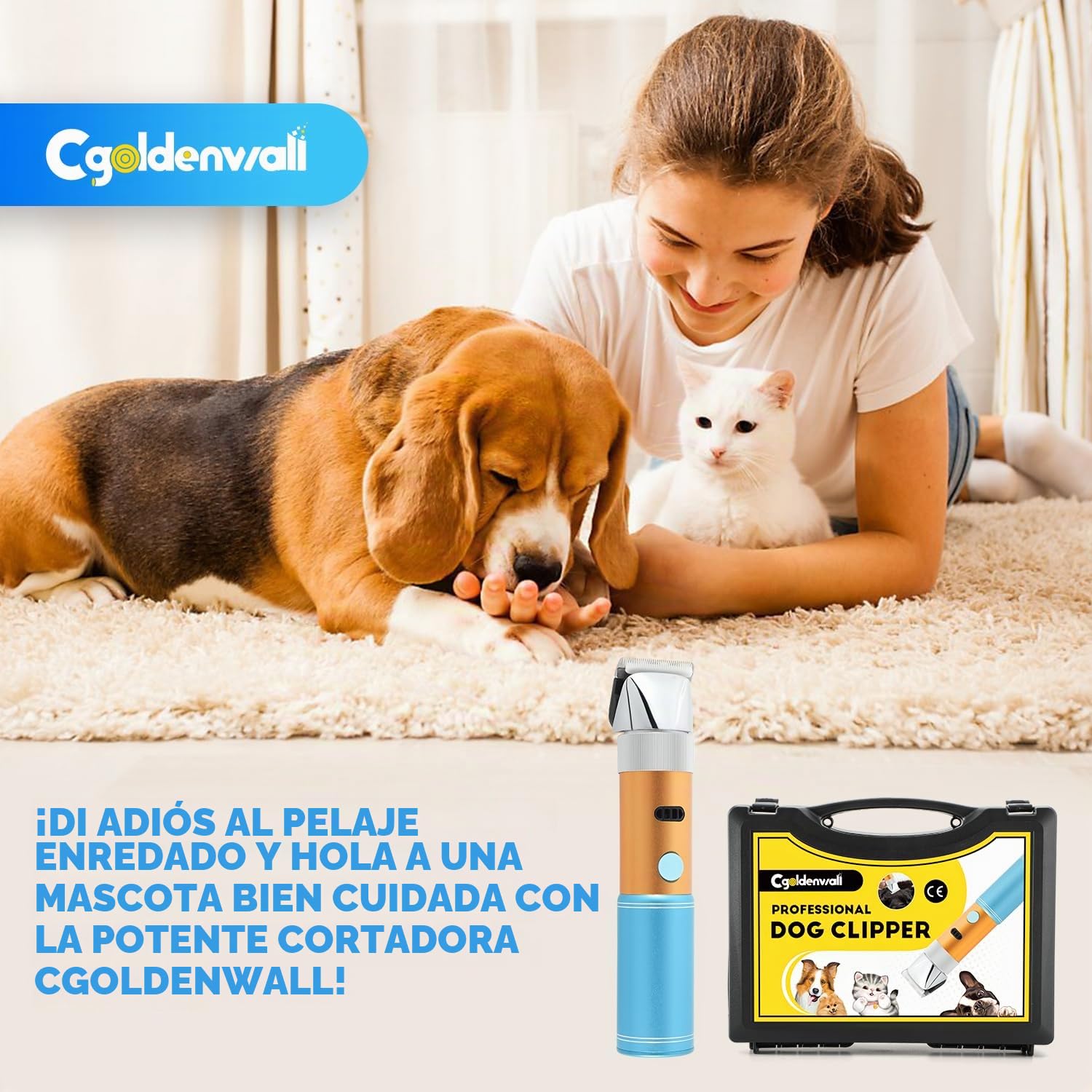 CGOLDENWALL 400W Cortapelo para Perros Gatos Mascotas Profesional Batería Recargable con Cabezal de Corte Extraíble de 3mm + 6mm - 5h en Espera - Bajo Ruido Menos de 50db