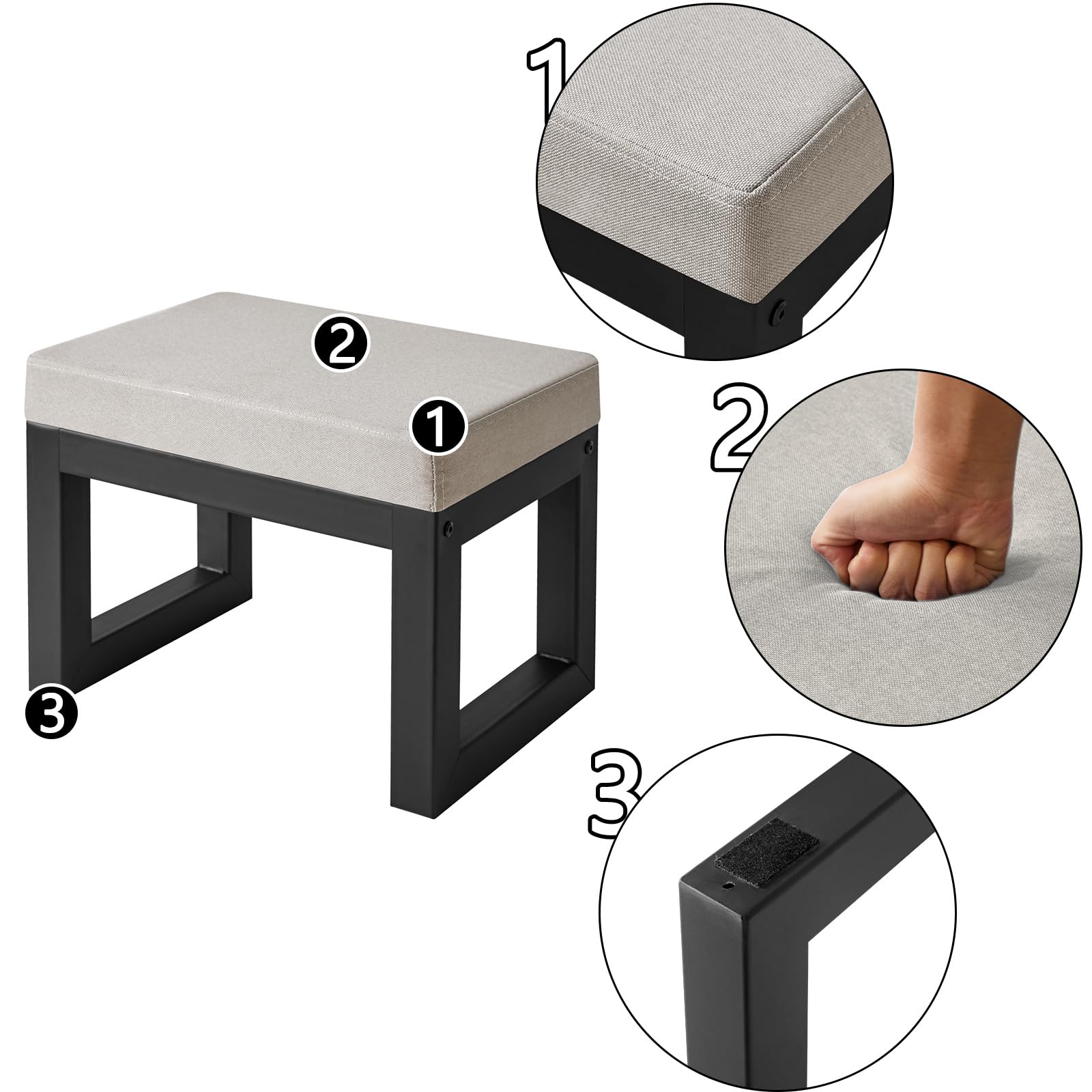 IBUYKE 16” Pequeño Reposapiés Otomana, Lino Rectangular Reposapiés Taburete con Asiento Acolchado y Patas de Metal, Otomana Moderna Reposapiés para Sala de Estar Dormitorio Sillón, Gris WBD001G