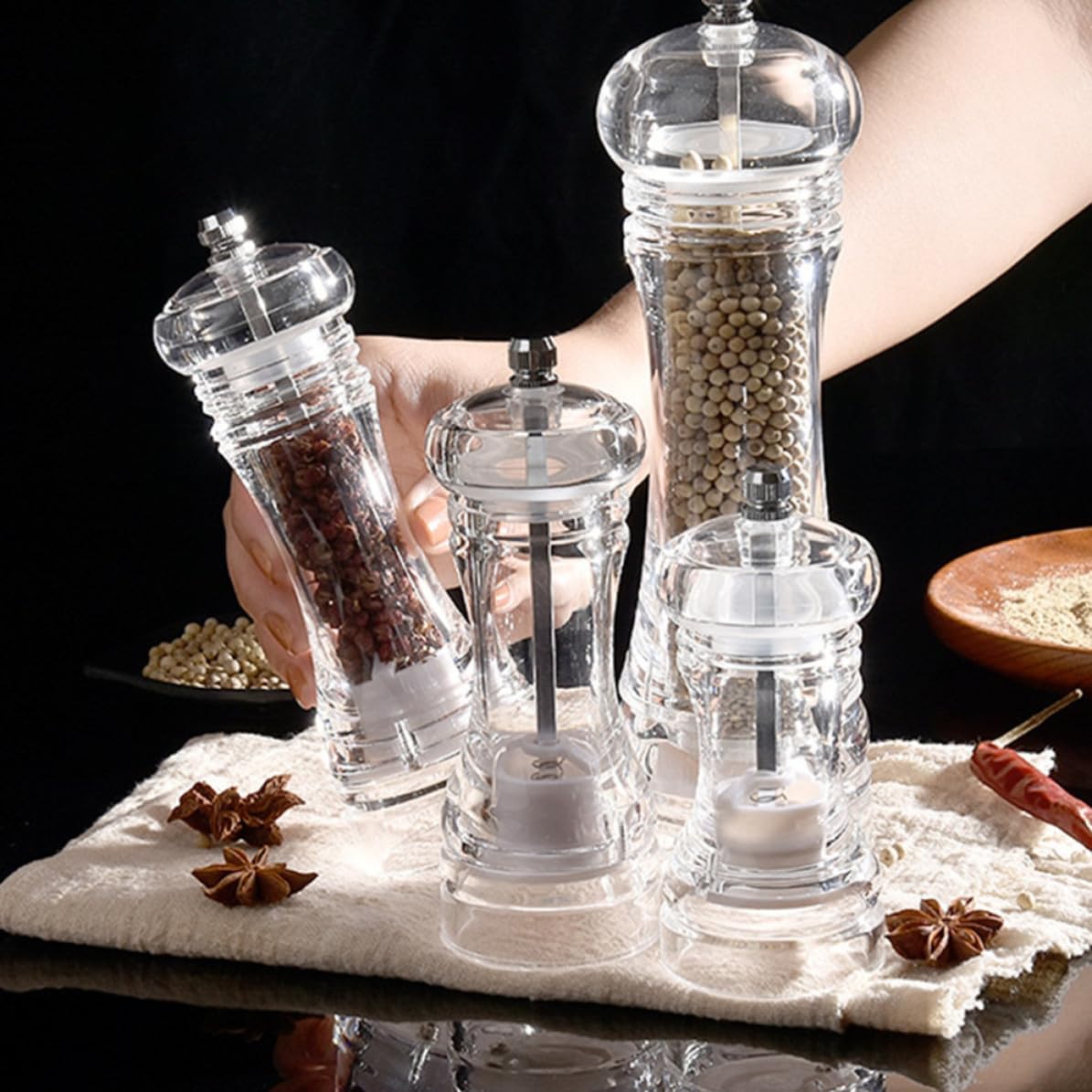 Acrylic Pepper Mill for Sea Salt, Adjustable Manual Grinder