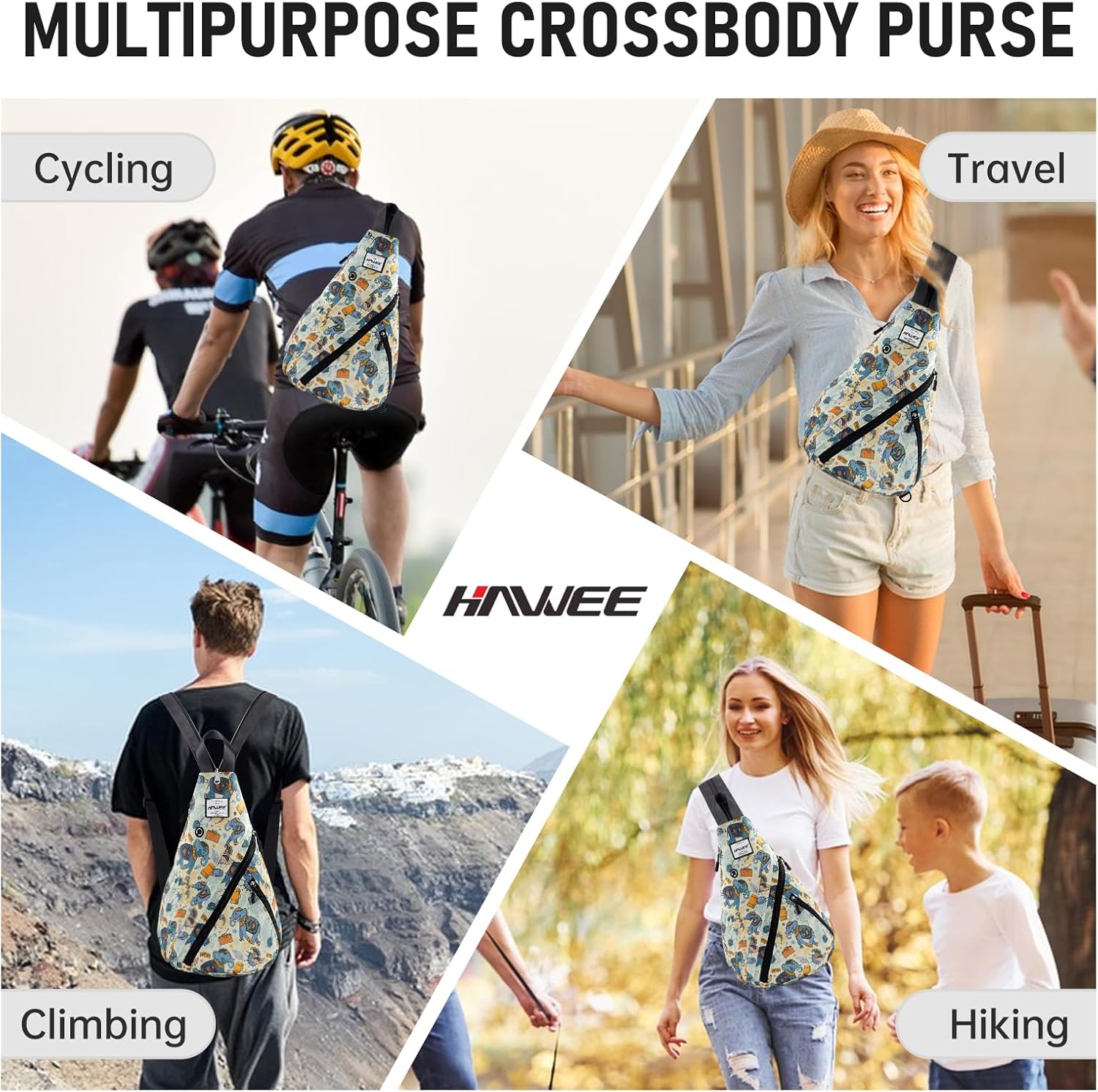 Convertible Sling Bag for Women - Water-Resistant Chest Bag & Casual Daypack, Lightweight Crossbody Backpack for Travel, Hiking, Cycling, Colorful Elephant - Image 7