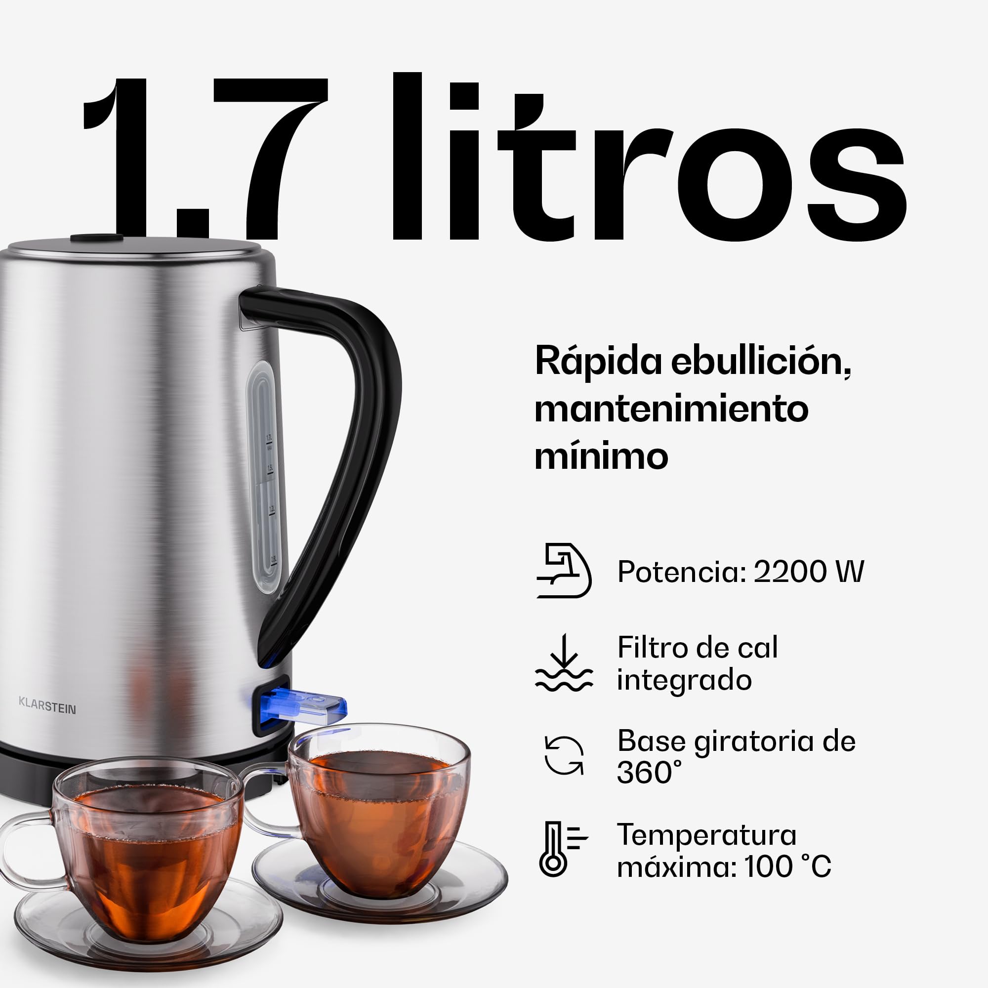 Klarstein Juego de Desayuno Esencial Verosteel - Tostadora 2 Ranuras, 7 Niveles, Bandeja Recogemigas, Soporte Panecillos, Hervidor 1.7L Acero Inoxidable, Filtro Antical, Apagado Automático