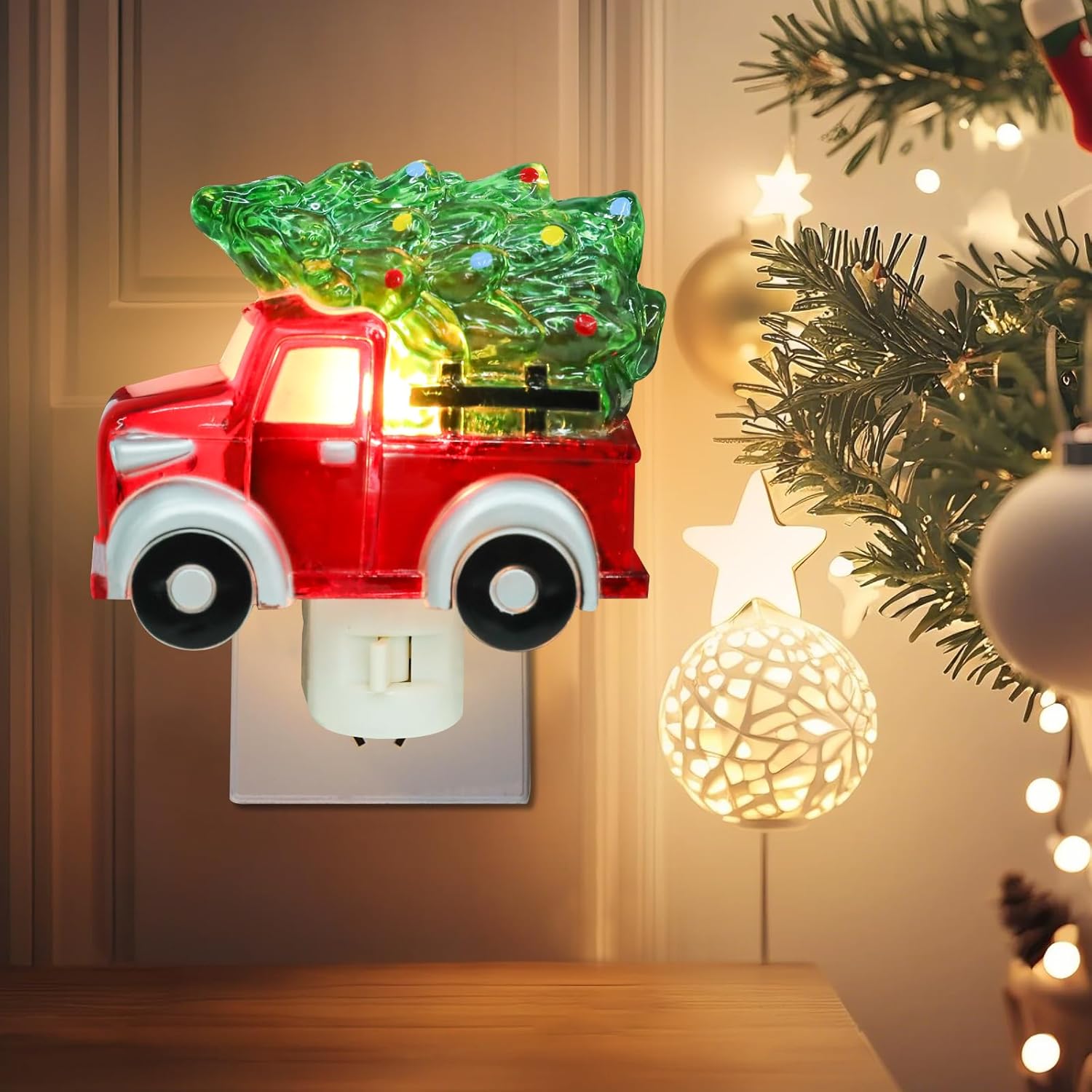 Wonder Solar Christmas Night Lights Plug Into Wall Christmas Truck with Tree Holiday Night Lights Plug Into Wall 4.3" Christmas Bethroom LED Nightlights for Kids Bedroom Bathroom Fireplace