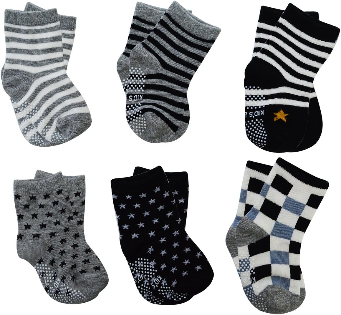 Lystaii 6 Pairs Baby Non Slip Socks Toddler Socks Anti Slip Ankle Cotton Socks with Grip Baby Non-skid Cotton Knit Stripes Star Socks for 12-36 Months Boys Girls Infant Kids