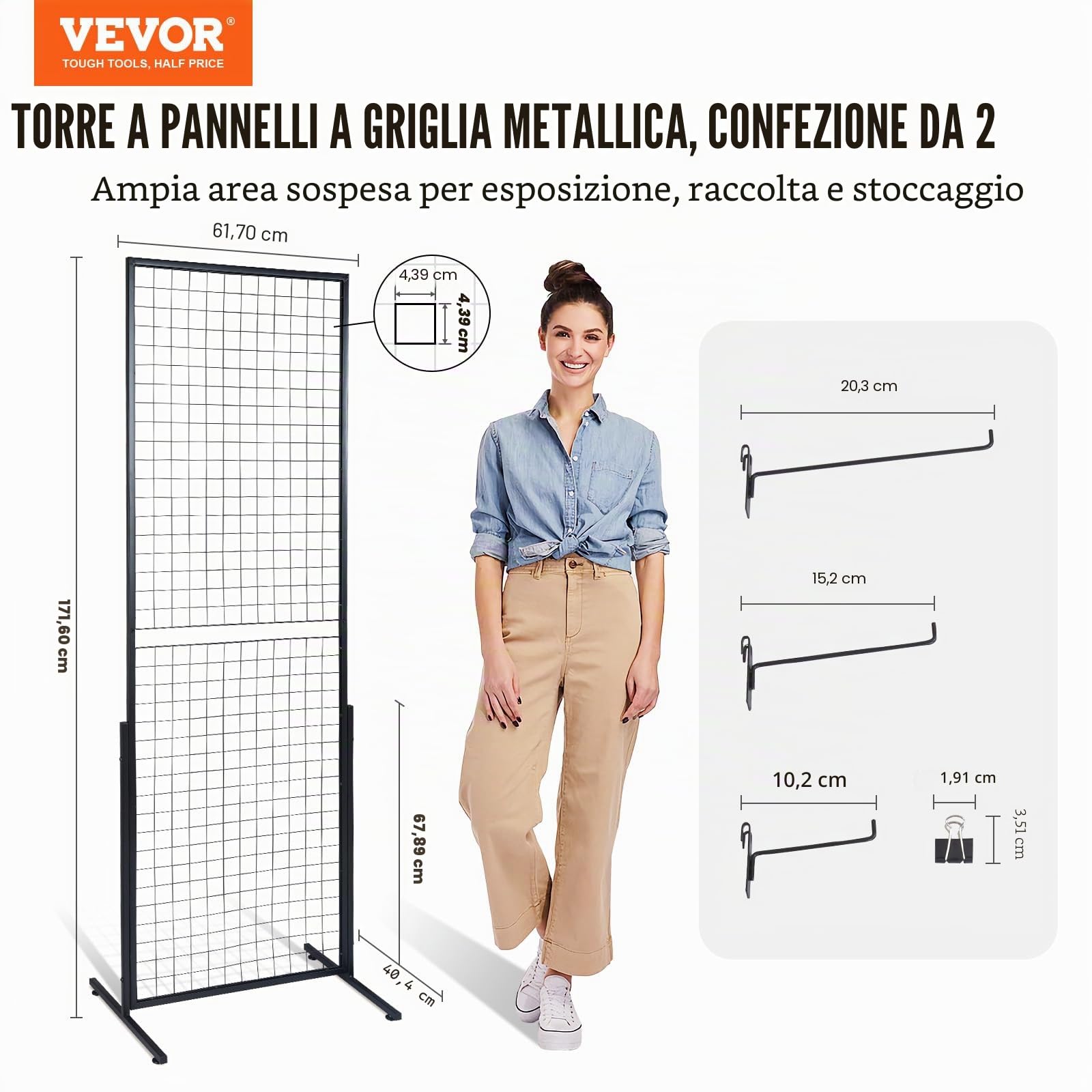 VEVOR Parete con Pannello a Griglia Metallica per Esposizioni Mostre 840 x 578 x 16 mm da 2 Pezzi Pannello Portaoggetti da Pavimento, Pannello a Griglia Porta Quadri Foto Utensili Capacità Max. 27 kg