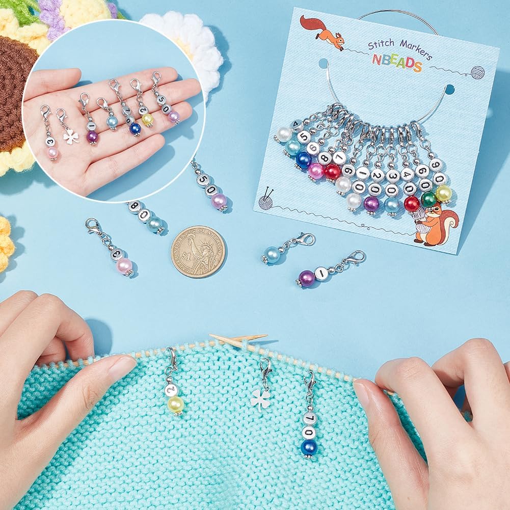 NBEADS 40 Pcs Number Beads Stitch Markers, Acrylic Pearls Crochet Marker Removable Lobster Clasp Locking Knitting Markers for Knitting Weaving Sewing Jewelry Making