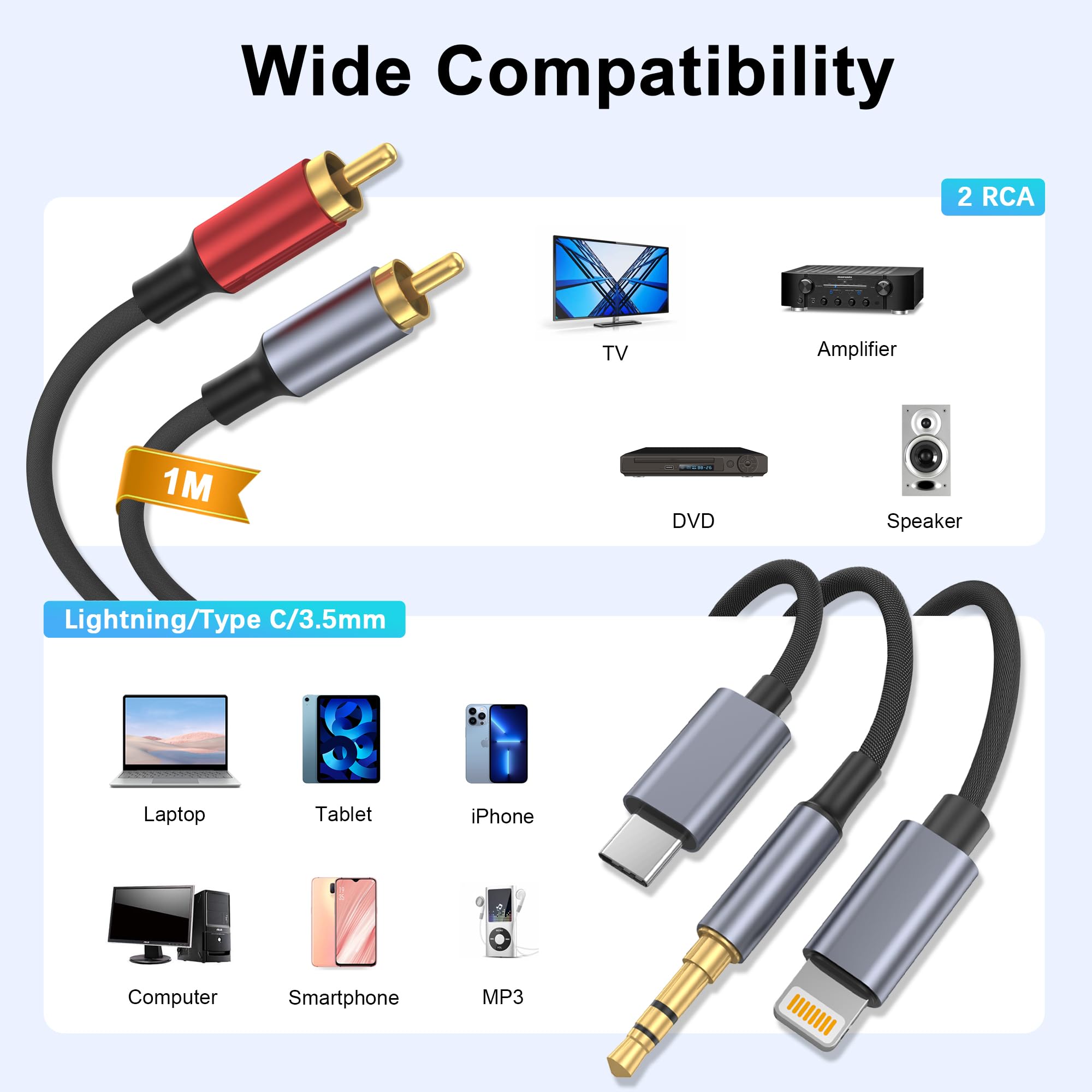 WORLDBOYU USB C 3.5mm to RCA Cable, Lightning to RCA Male to Aux Audio Adapter, HiFi Sound, Headphone Jack Adapter - Image 2