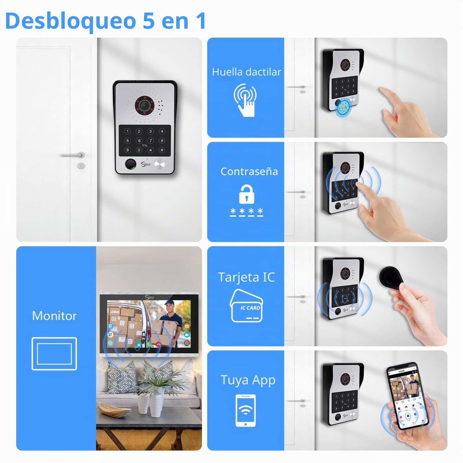 Videoportero con cable Sistema de intercomunicación de apartamentos,Monitor táctil de 10 pulgadas,Cámara HD 1080P Timbre,Huella dactilar,Tarjeta RFID,Desbloqueo por contrase (1 Timbre+3 Monitor)