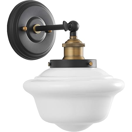 Linea 1 Light Bathroom Vanity Light - Lavagna Schoolhouse Light Fixture - Black with Milk Glass Shade Wall Sconce, UL Listed