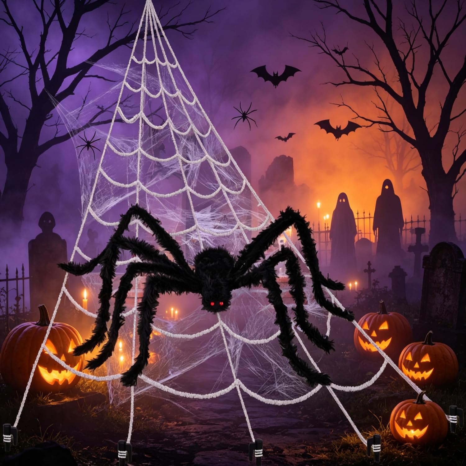 Dekoracje na Halloween, pajęczyna, gigantyczna trójkątna pajęczyna i straszne rekwizyty pająka na Halloween, do wewnątrz, na zewnątrz, werandę, podwórko, straszny nawiedzony dom, impreza halloweenowa
