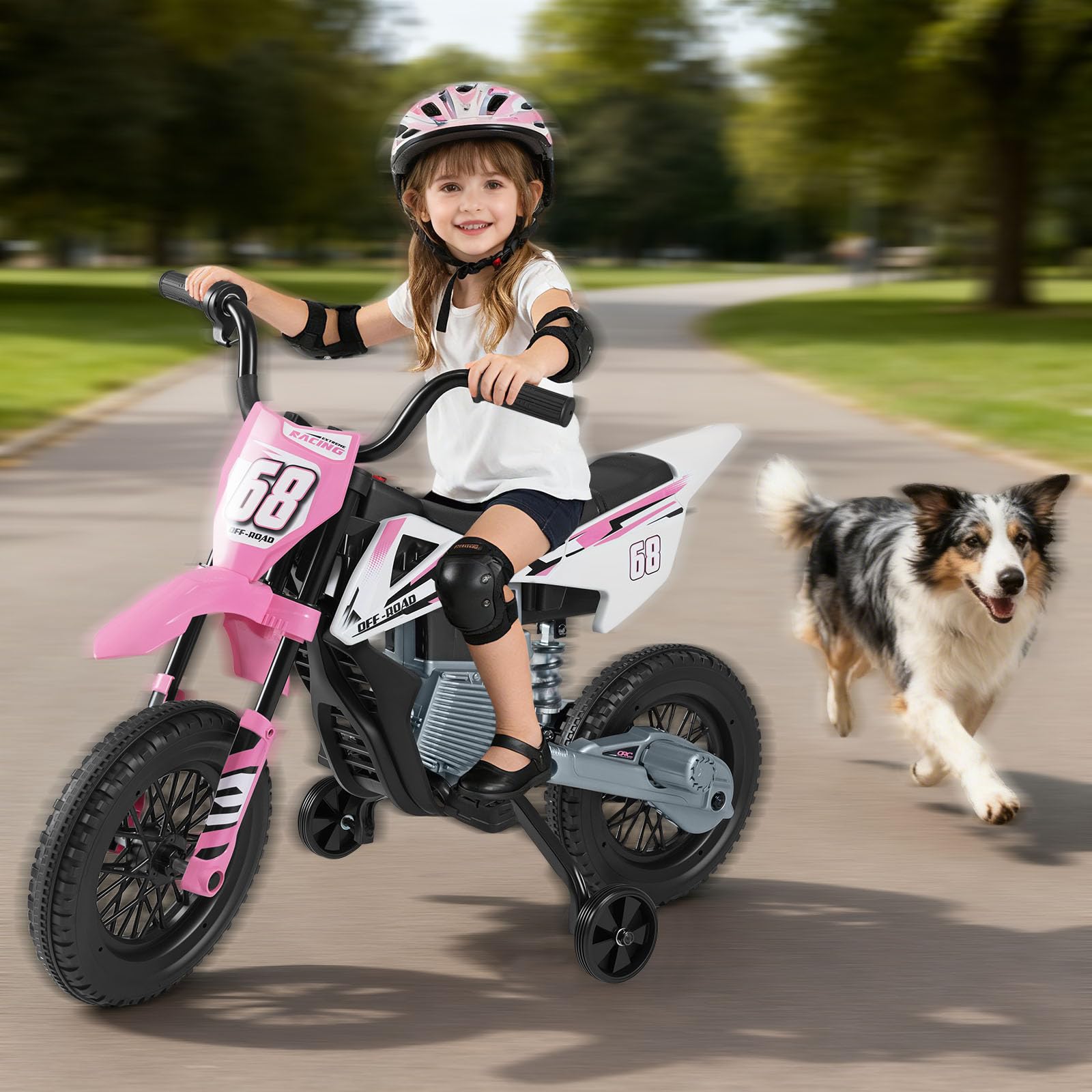 COSTWAY 12V Moto Elettrica per Bambini, Motorino Elettrico con Ruote di Allenamento Rimovibili, Sospensione a Molla, Musica e Connessione Wireless, Motocicletta Cavalcabile per 3-8 Anni (Rosa)