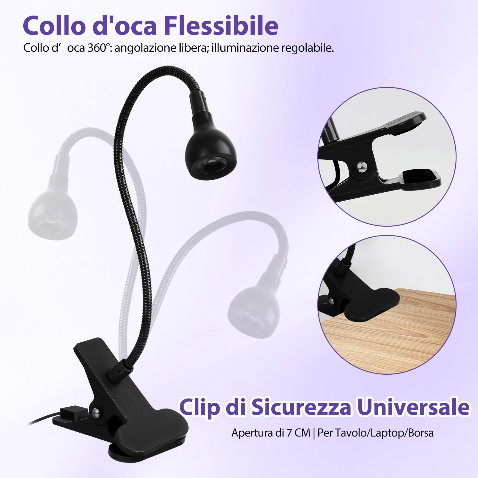 Lampada UV LED Unghie, 5W Mini Lampada Unghie, Portatile Lampada UV con Clip, 360° Testa Regolabile, Regolabile per Gel, Resina e Colla UV, con USB (Nero)