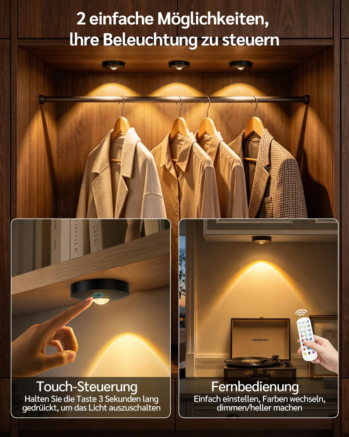 USB Aufladbar LED Spots Akku mit Fernbedienung, RGB Farbwechsel Unterbauleuchte, Magnetisch Dimmbar LED Schrankbeleuchtung, Kabellos Vitrinenbeleuchtung mit Timing Funktion Schwarz (3er Pack)