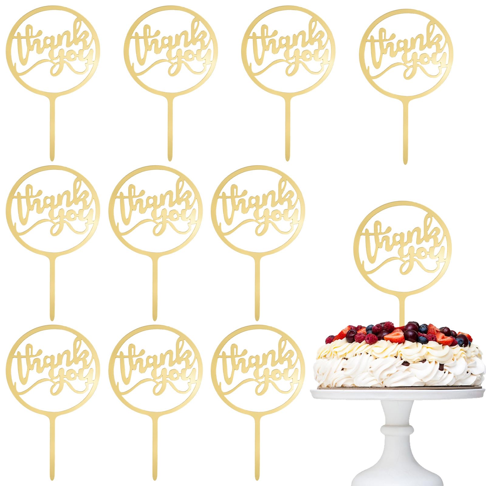 URROMA 20 PCS Acrylic Cupcake Toppers, Round Thank You Cake Discs Mirror Acrylic Cake Picks Engraved Personalized Cake Topper Acrylic Cake Charm (style12, 10pcs)