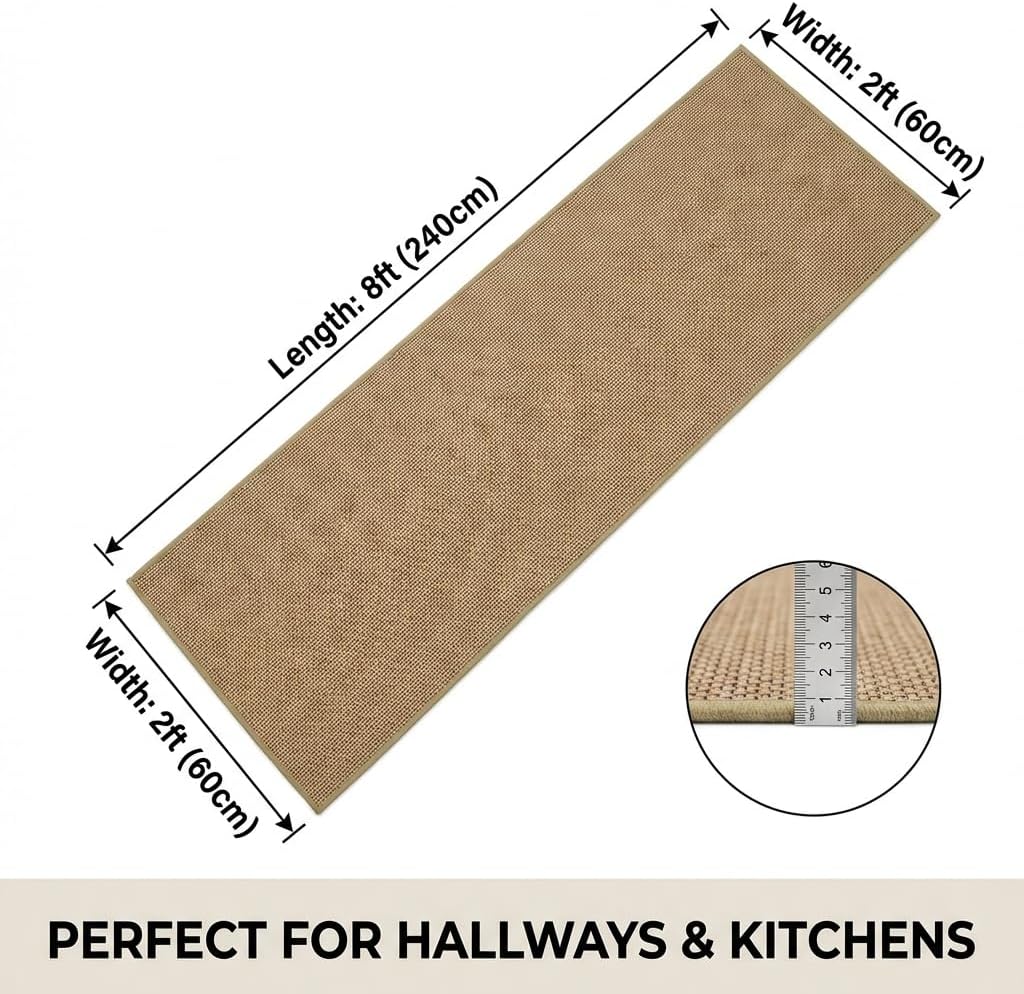 Washable Faux Jute Area Rug, 2' x 8' Low-Pile Indoor Rug, Soft Natural Look Farmhouse Rug for Living Room Bedroom, Non-Shedding & Stain Resistant, Pet & Kid Friendly, Brown