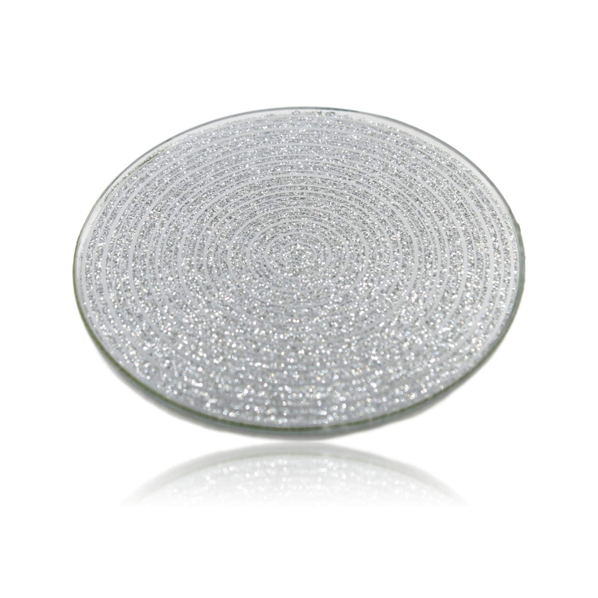 West5products Silver Round Mirrored Glitter Glass Candle Plate 10Cm Dia
