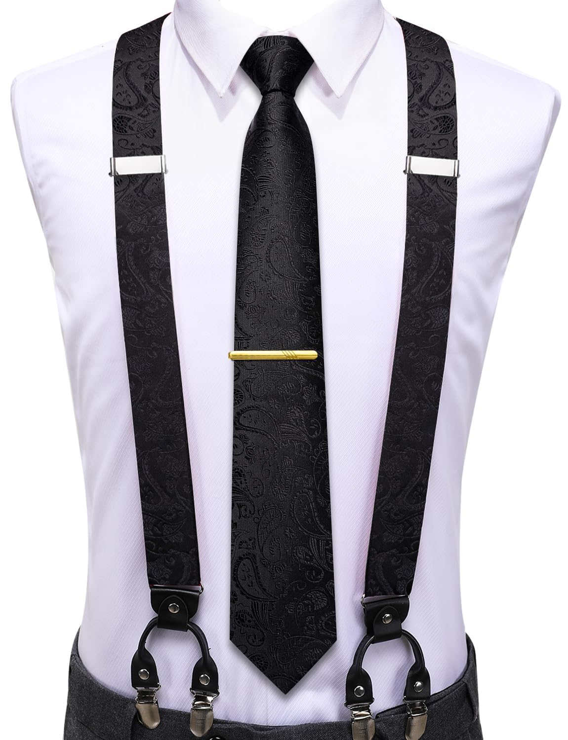 Hi-Tie Men's Suspenders and Tie Set Silk Adjustable Elastic Y Braces with Strong 6 Clips Pocket Square Set