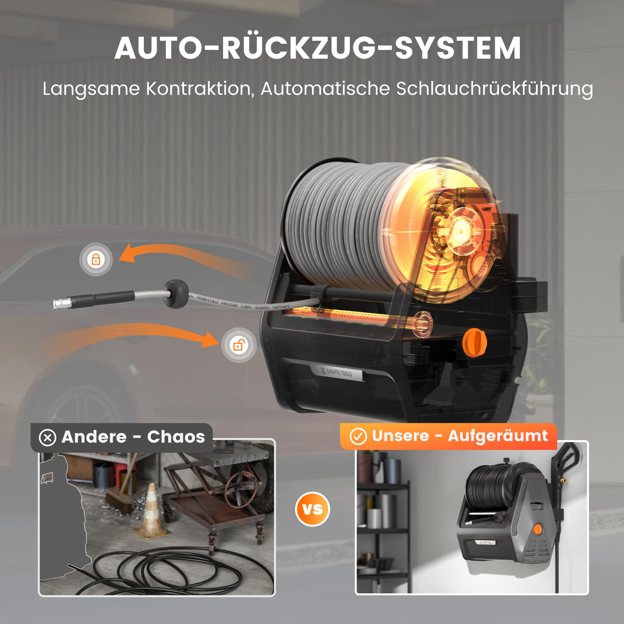 Giraffe Tools Hochdruckreiniger Big Pump 2 in 1, 1800 Watt, Max 2400 PSI, 2.0 GPM Elektrischer Wasserdruckreiniger für die Wandmontage, mit 30M Einziehbarem Schlauch, Grauer weicher Schlauch