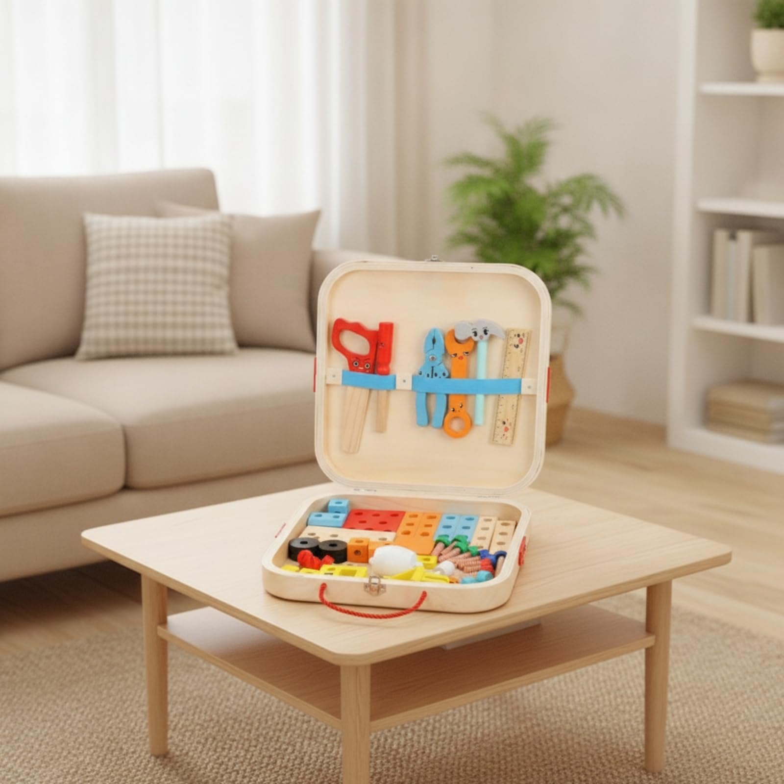 Kinder Werkzeugkoffer Holz Kinder Werkzeug Set Montagekasten Baukasten Lernspielzeug Rollenspiel aus Lackiertem Kiefernholz für Vorschule Spielzimmer Grundschule