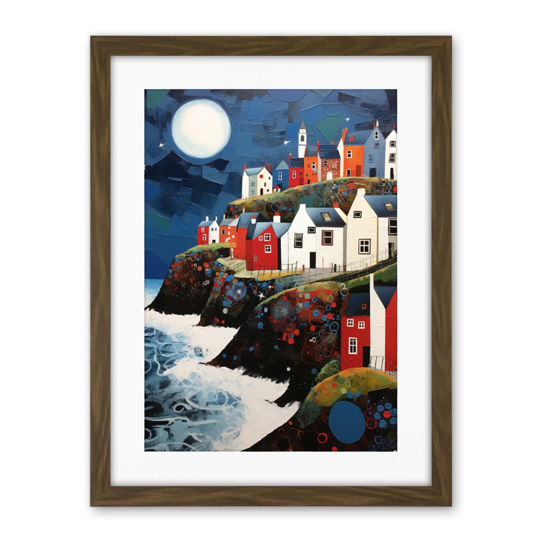 Artery8 Seaside Village Houses on Cliff Folk Art Oil Painting Bathroom Artwork Full Moon Night Waves Coastal Landscape Artwork Framed Wall Art Print 18X24 Inch