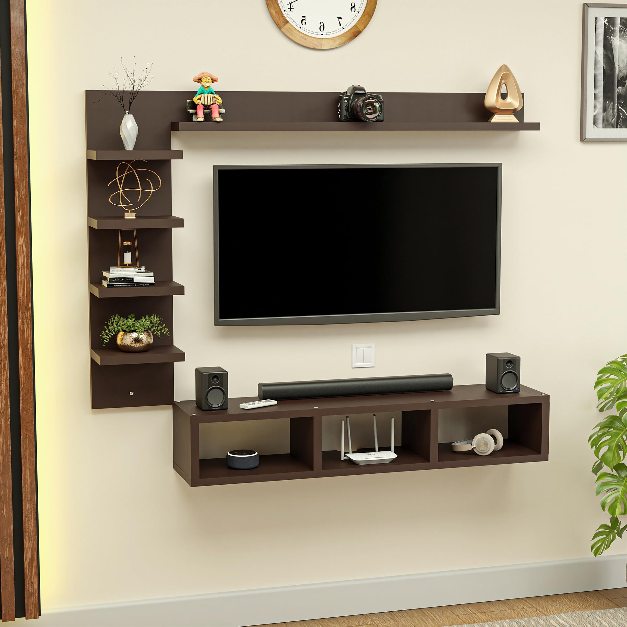 Kuber Industries 13 Pcs Engineered Wood 32 Inch Wall Mount Tv Unit/Rack/Frame Furniture for Living Room | Tv Cabinet with Storage Shelves for Books & Home Decor Showcase | Brown