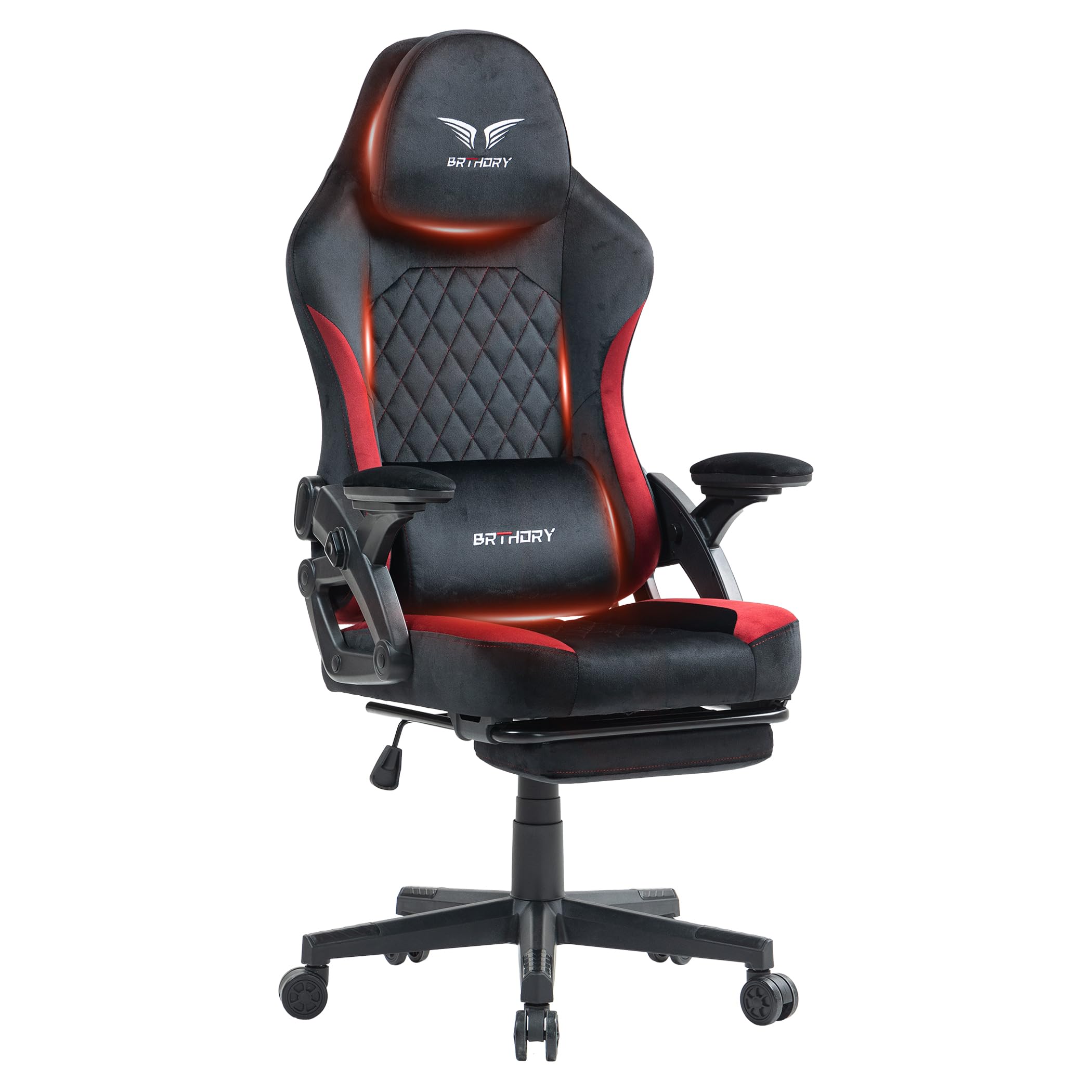 BRTHORY Gaming Chair, Ergonomic Racing Gamer Chair with Adjustable Headrest, Desk Chair with Fabric, Spring Seat Cushion, Linkage Armrests and Footrest, Lumbar Support, Rocker Function, 135°