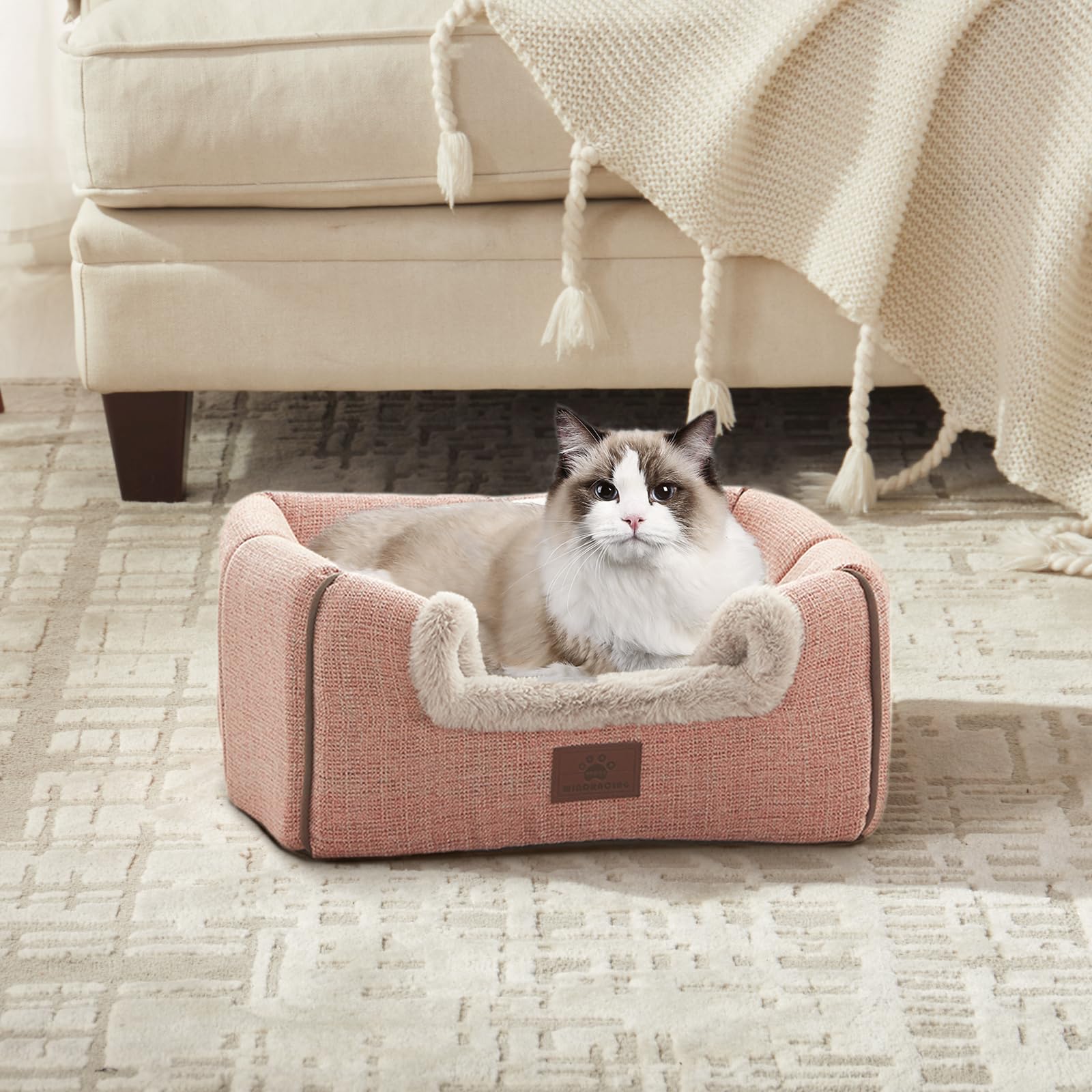 Cuccia per gatti da interni, cuccia per gatti, con cuscino imbottito rimovibile e lavabile, morbida e autonoma, colore rosa, L (44 x 43 x 44 cm)