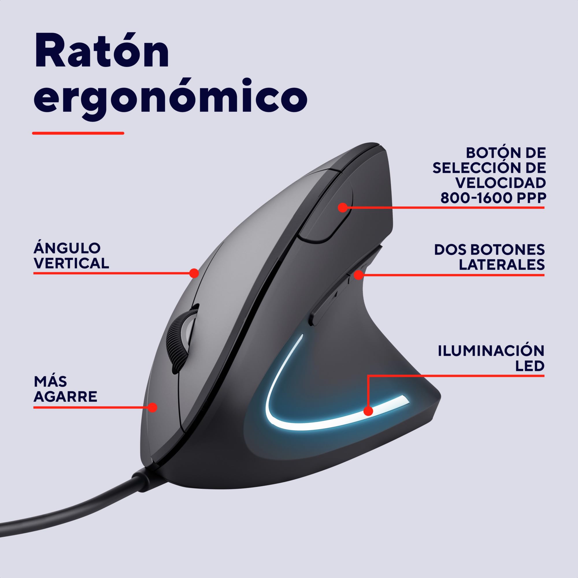 Trust Verto Ratón Vertical, Ratón Ergonómico con Cable USB 1000/1600 dpi, Iluminación LED, Sensor Óptico para PC, Ordenador, Laptop, Desktop, Mac - Negro