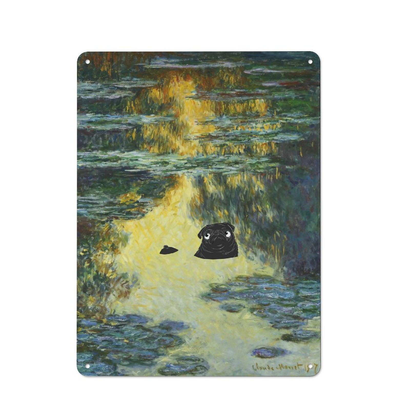 Junmoney Style-1 Pug Water Lilies Monet Understated Metal Wall Decor 40X30cm, Office Metal Sign For Office, Study, Studio Or Hallway