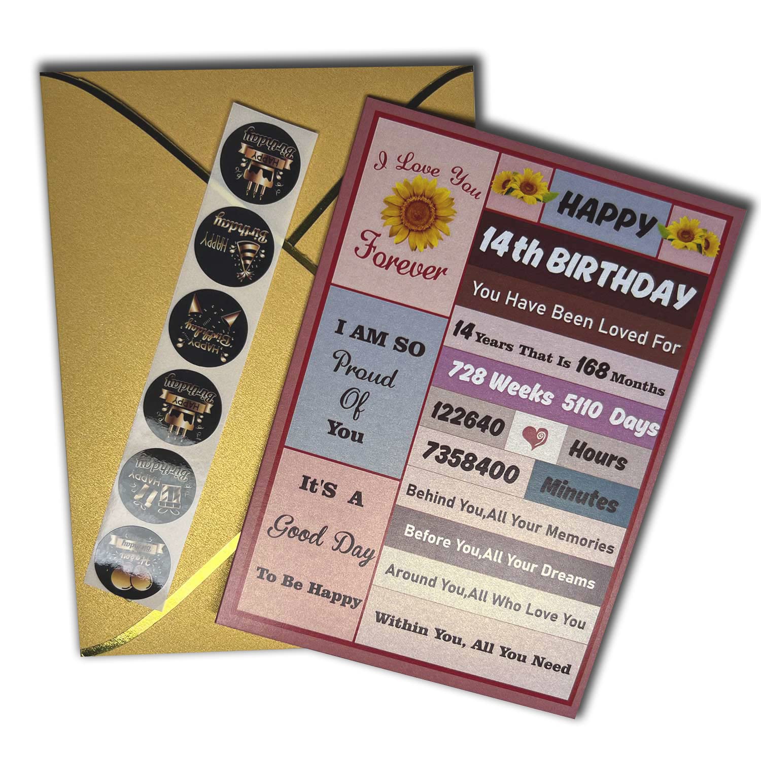 Sutjxc 14th Birthday Card - 5x7in Envelope & Stickers Included - Perfect Present for Grandson, Granddaughter, Daughter, Son, 14 Year Old Gifts for Him or Her