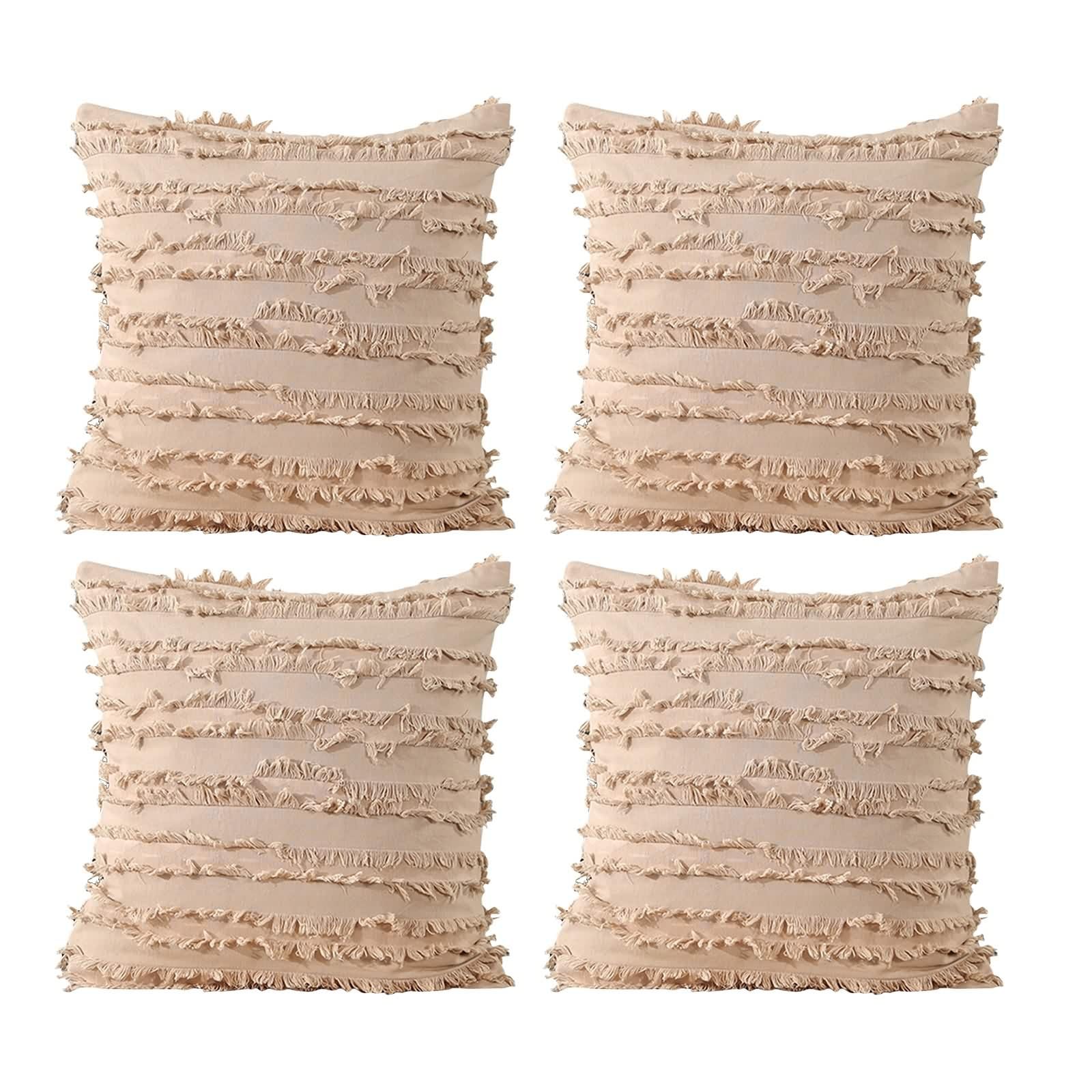 Federe Cuscini 45X45 Boho, Federe Cuscino Letto Tinta Unita Double Face con Nappe Cotone Copricuscini Cachi Chiaro 4 Pezzi per Divano Soggiorno