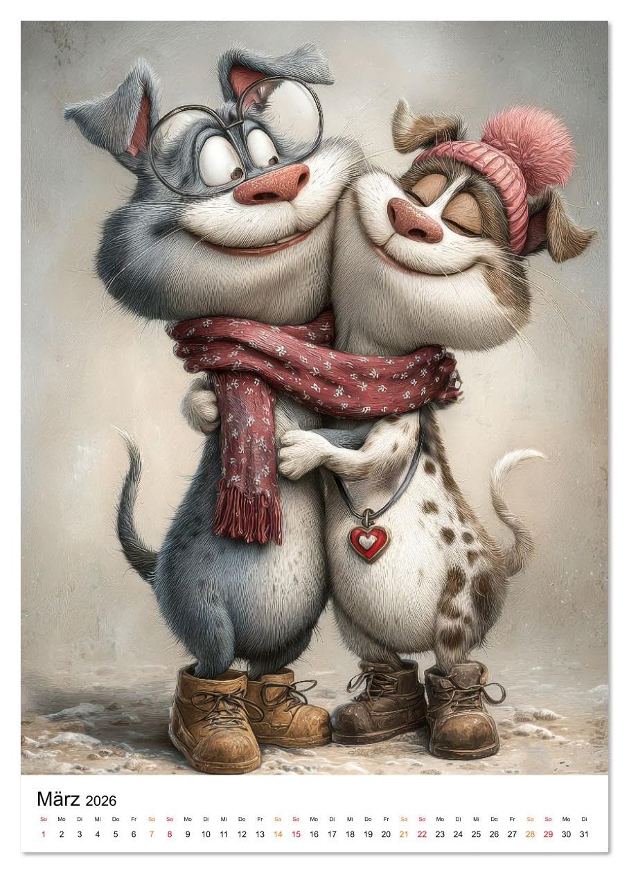 Schatz, ich liebe dich auch (hochwertiger Premium Wandkalender 2026 DIN A2 hoch), Kunstdruck in Hochglanz: Liebevoll illustrierte Tierpaare mit menschlichen Zügen. (CALVENDO Spass)