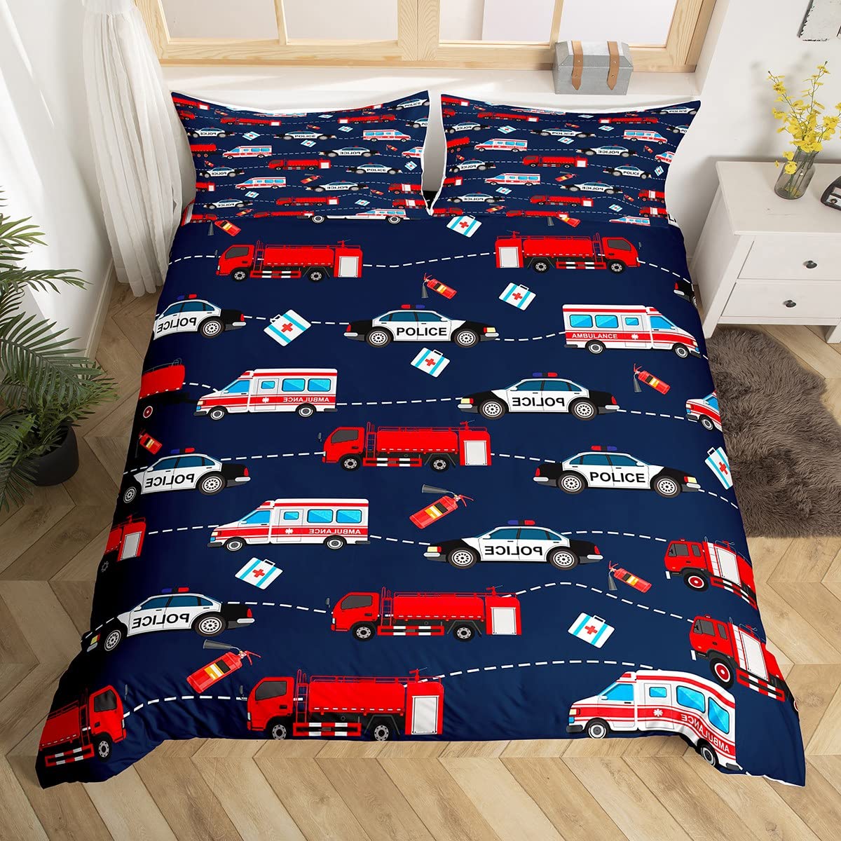Cartoon Car Duvet Cover Set Police Car Decor Comforter Cover Fire Truck Bedding Set Emergency Responder Vehicles Bedspread Cover for Kids Boys Girls King Size With 2 Pillow Case โ image 1