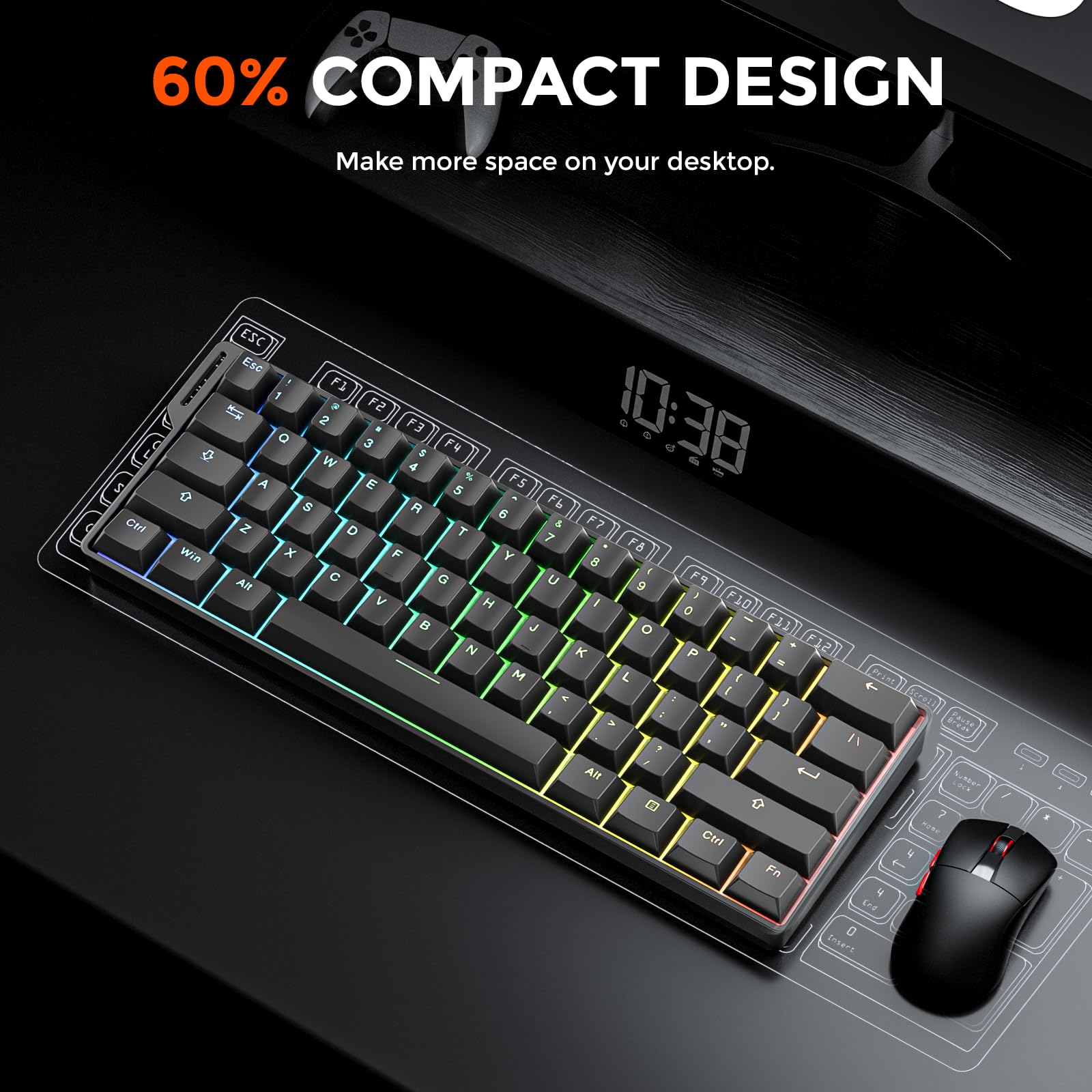 DAREU EK60 HE 8K Hz Rapid Trigger Gaming Keyboard, 60% tastiera magnetica cablata con cinturino decorativo rimovibile, Hot-swap,0,01 mm di precisione RT, interruttori ad effetto Hall, RGB, per PC/Mac | Tastiera magnetica con striscia decorativa rimovibile