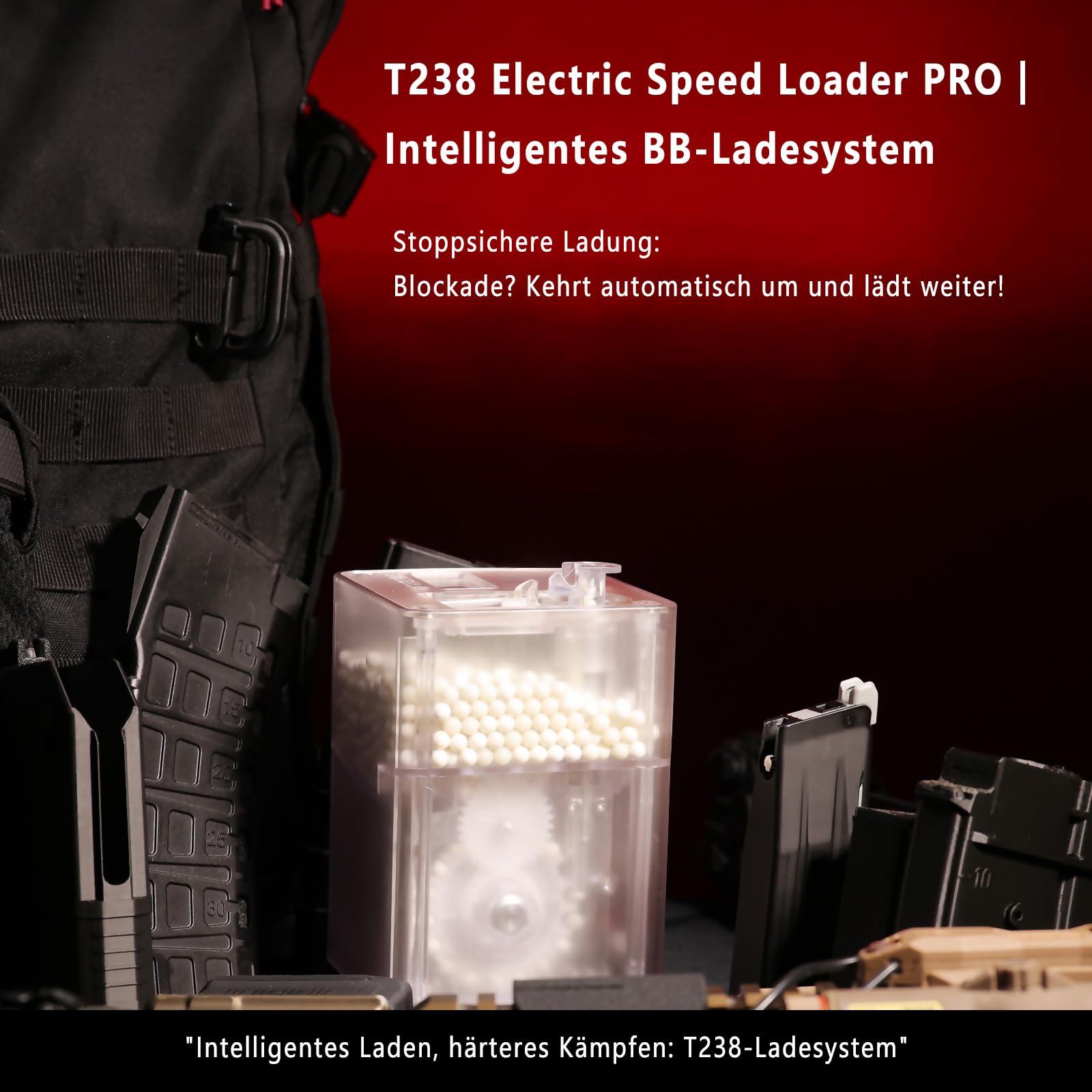 Elektrischer BB-Speedloader PRO Edition – Smarter automatischer Airsoft-Magazinlader, 21 BBS/s Hochgeschwindigkeit, OLED-Display, 1800 Schuss Kapazität, Blockierschutz inkl. 4 Adapter